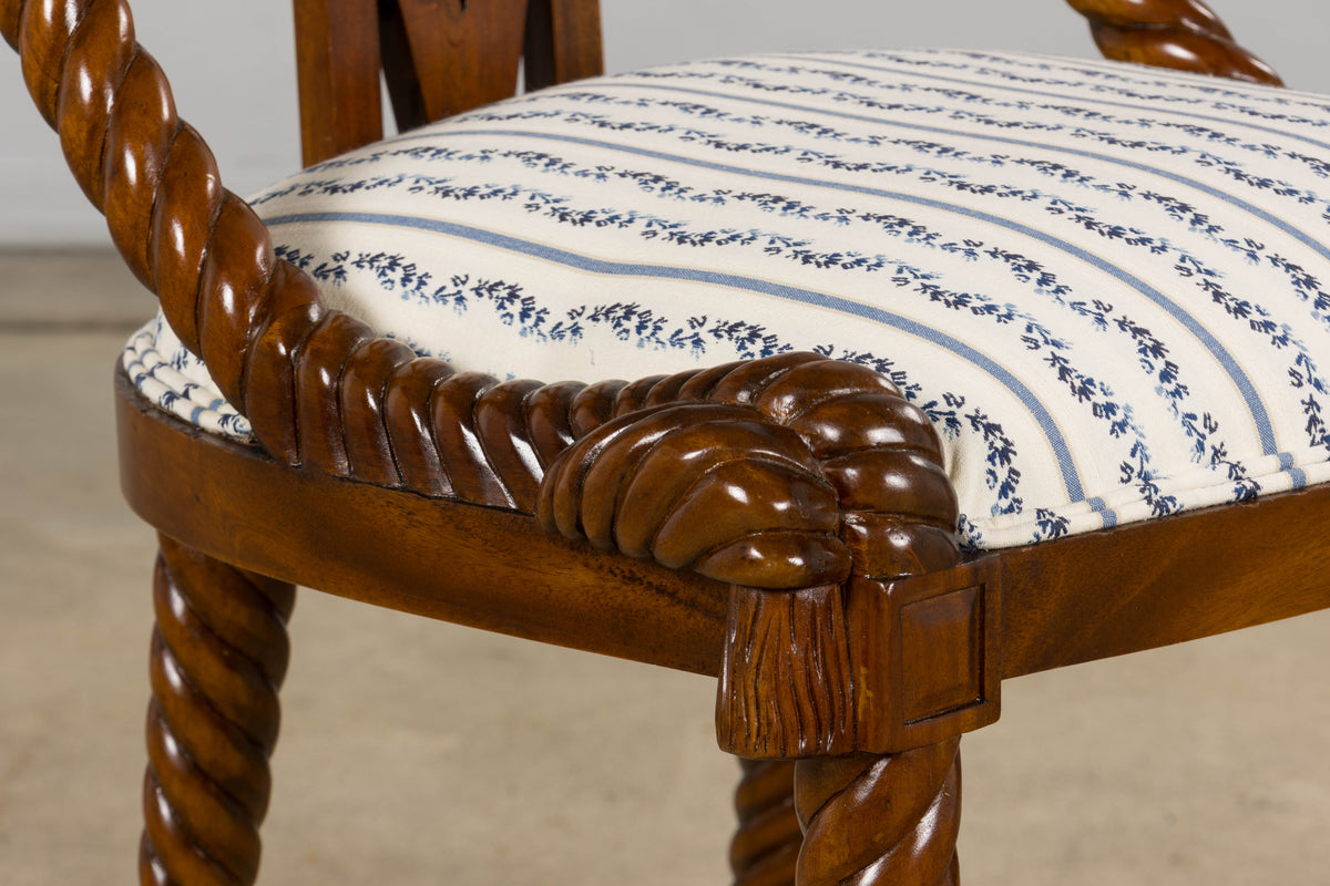 Napoleon III Style Faux Rope Mahogany Gondola Dining Chairs In Caspian Blue Stripe - Set of 12