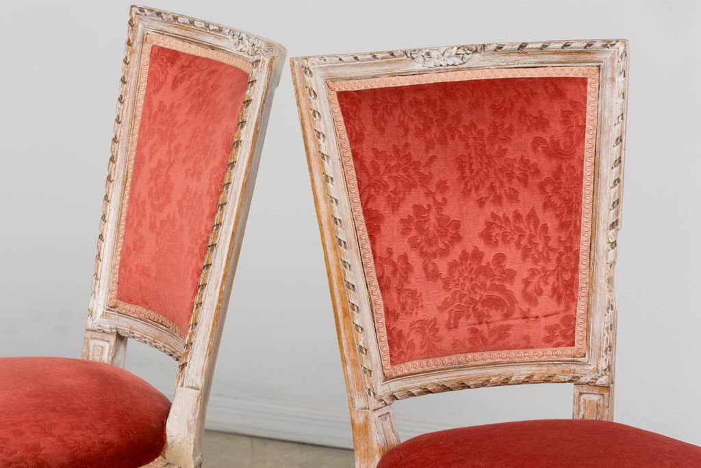 Antique French Louis XVI Style Painted Side Chairs W/ Red Velvet Damask – A Pair