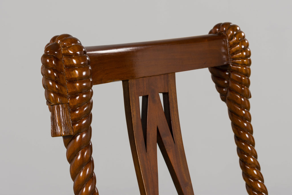 Napoleon III Style Faux Rope Mahogany Gondola Dining Chairs In Caspian Blue Stripe - Set of 12