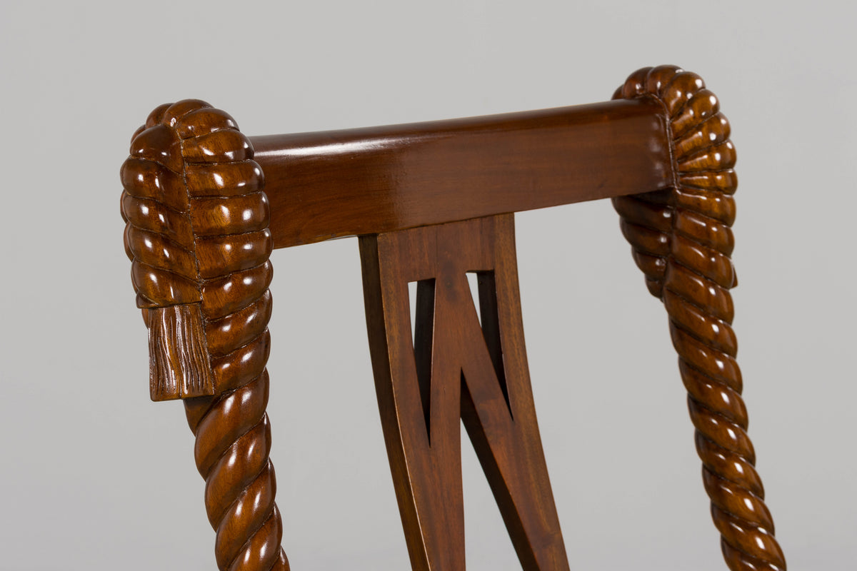 Napoleon III Style Faux Rope Mahogany Gondola Dining Chairs In Caspian Blue Stripe - Set of 12