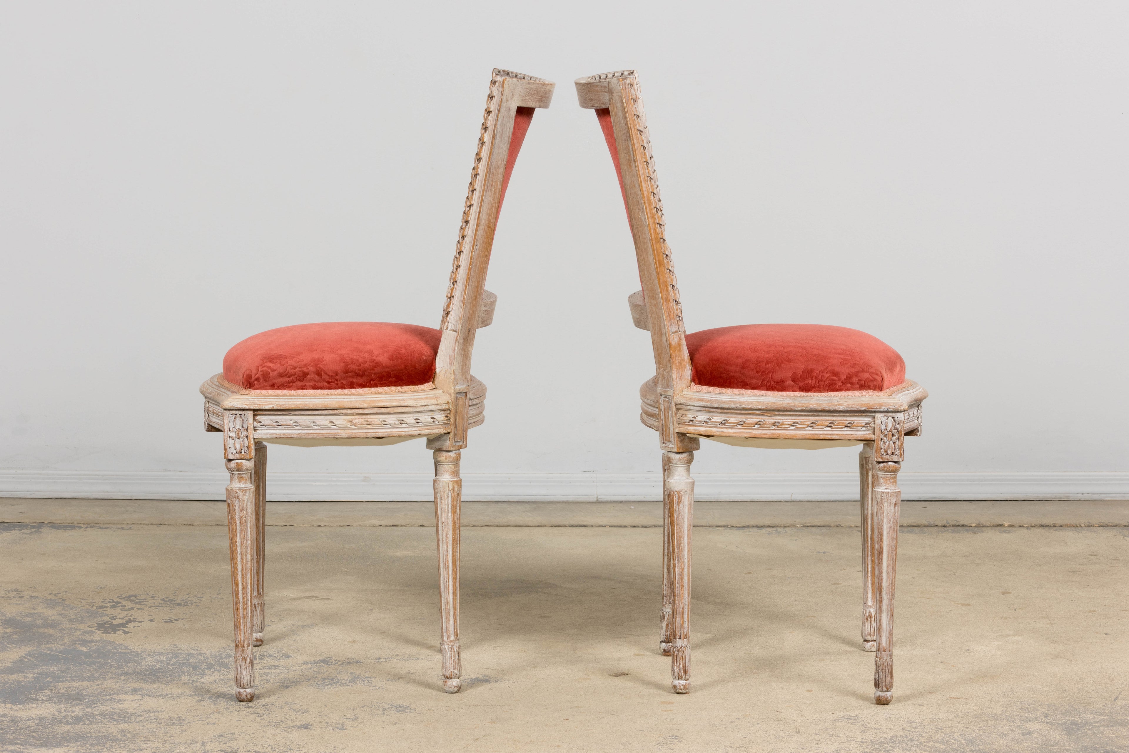 Antique French Louis XVI Style Painted Side Chairs W/ Red Velvet Damask – A Pair