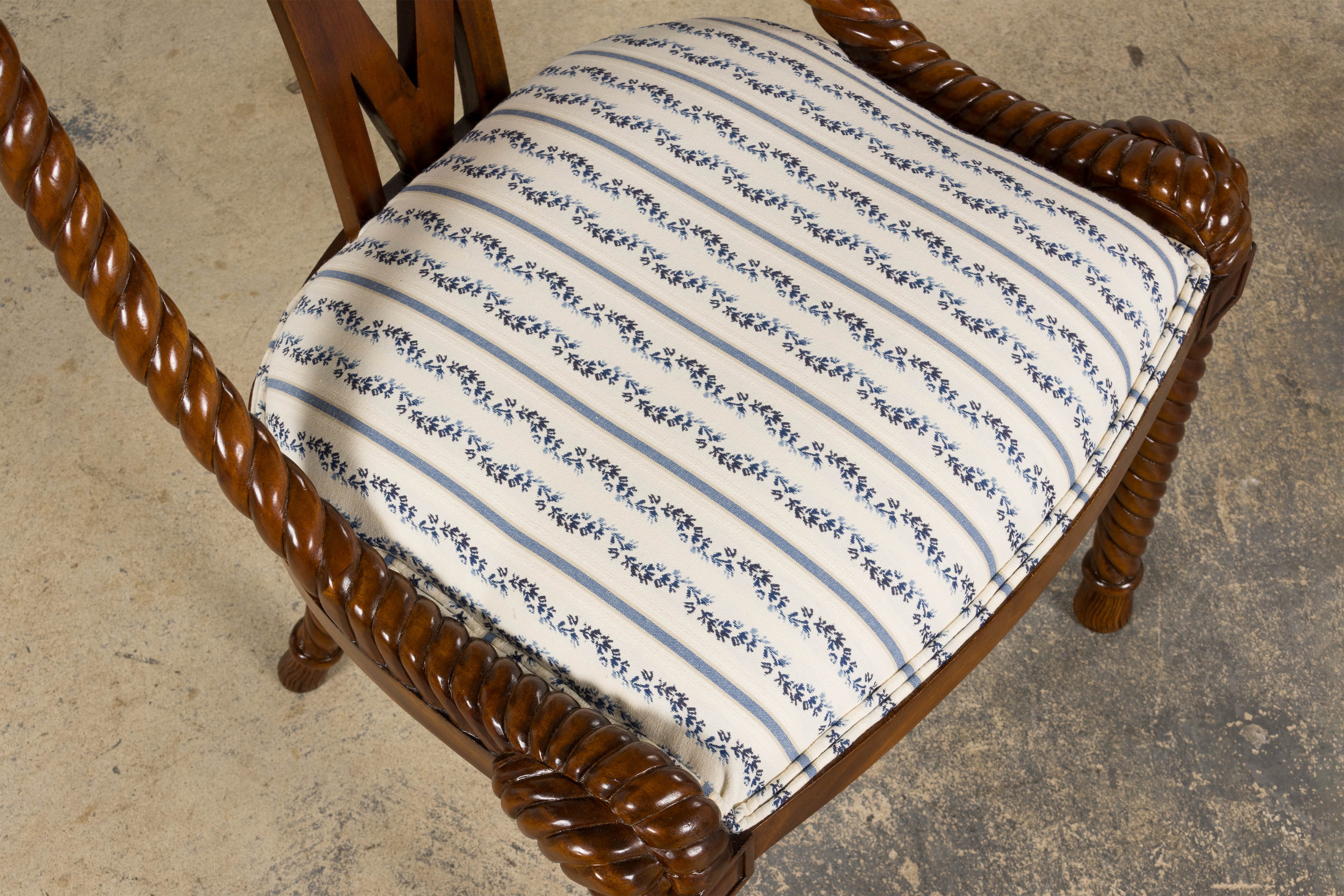 Napoleon III Style Faux Rope Mahogany Gondola Dining Chairs In Caspian Blue Stripe - Set of 12