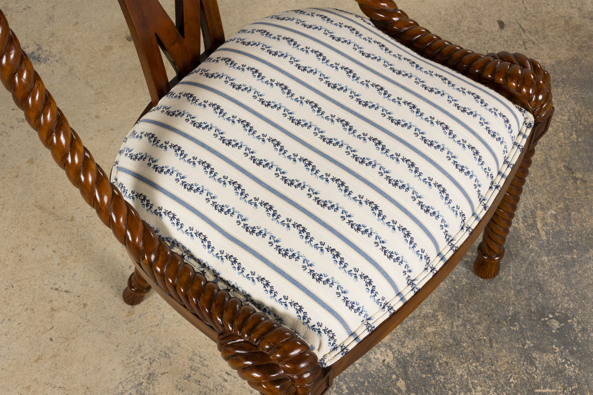 Napoleon III Style Faux Rope Mahogany Gondola Dining Chairs In Caspian Blue Stripe - Set of 12