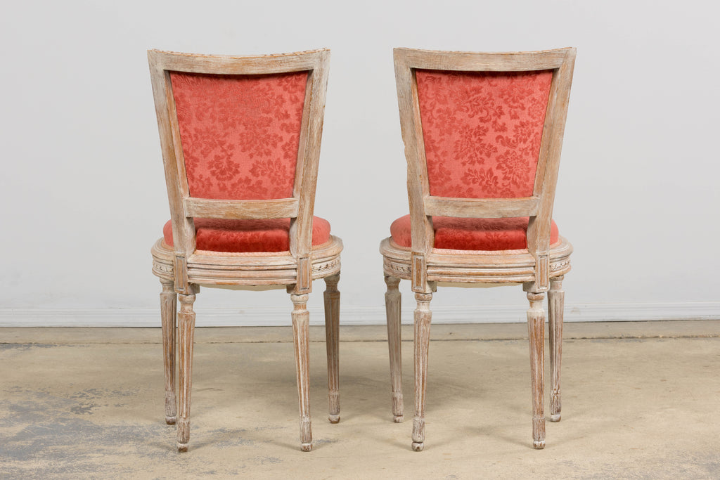 Antique French Louis XVI Style Painted Side Chairs W/ Red Velvet Damask – A Pair