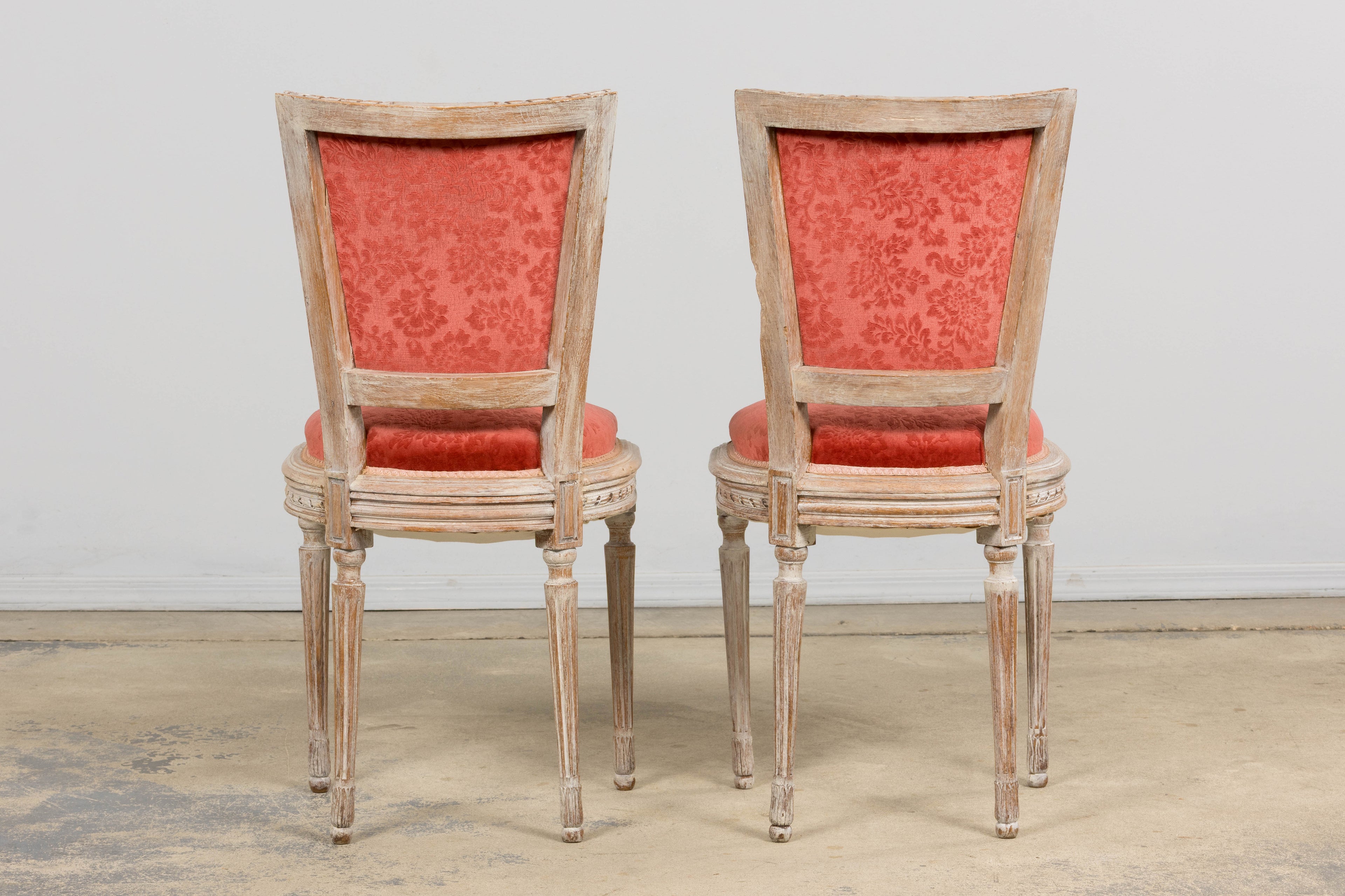 Antique French Louis XVI Style Painted Side Chairs W/ Red Velvet Damask – A Pair