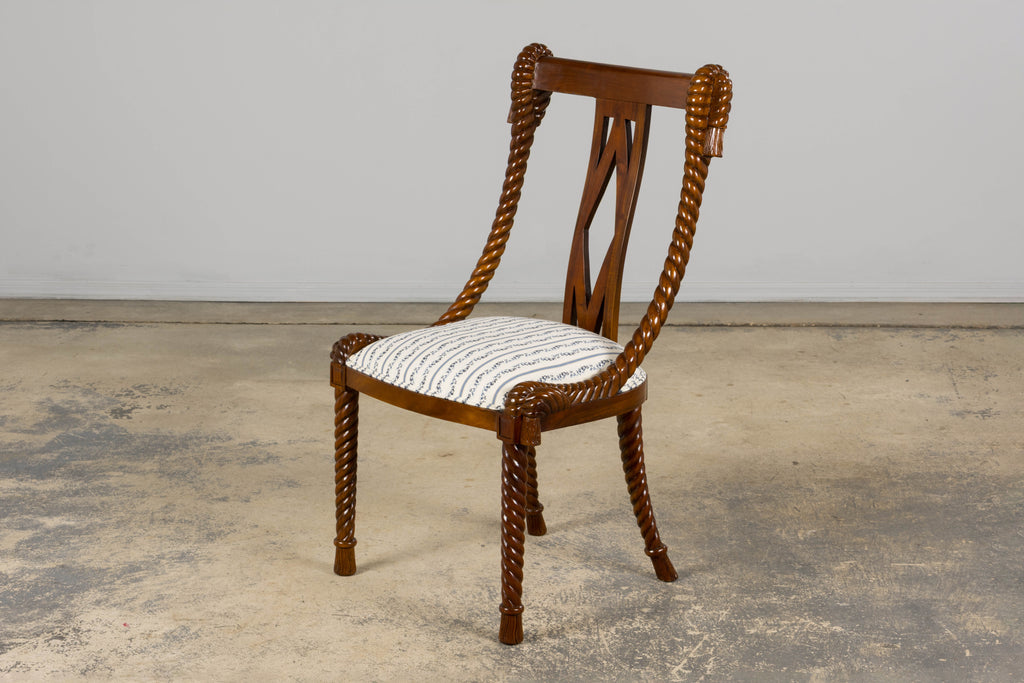 Napoleon III Style Faux Rope Mahogany Gondola Dining Chairs In Caspian Blue Stripe - Set of 12