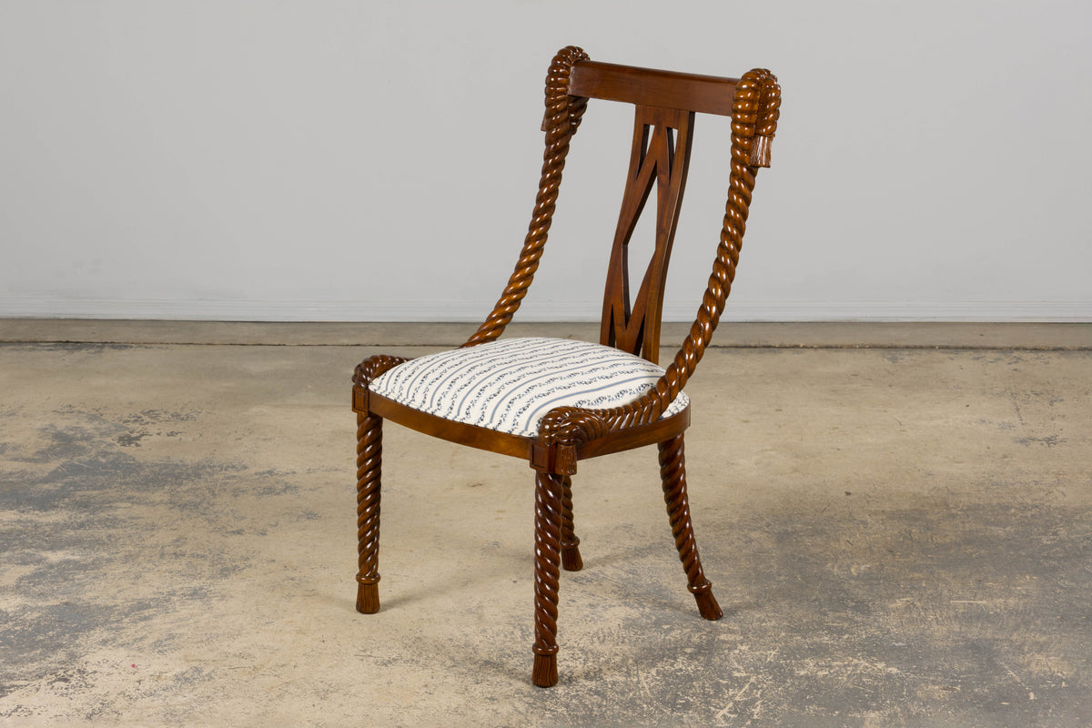 Napoleon III Style Faux Rope Mahogany Gondola Dining Chairs In Caspian Blue Stripe - Set of 12