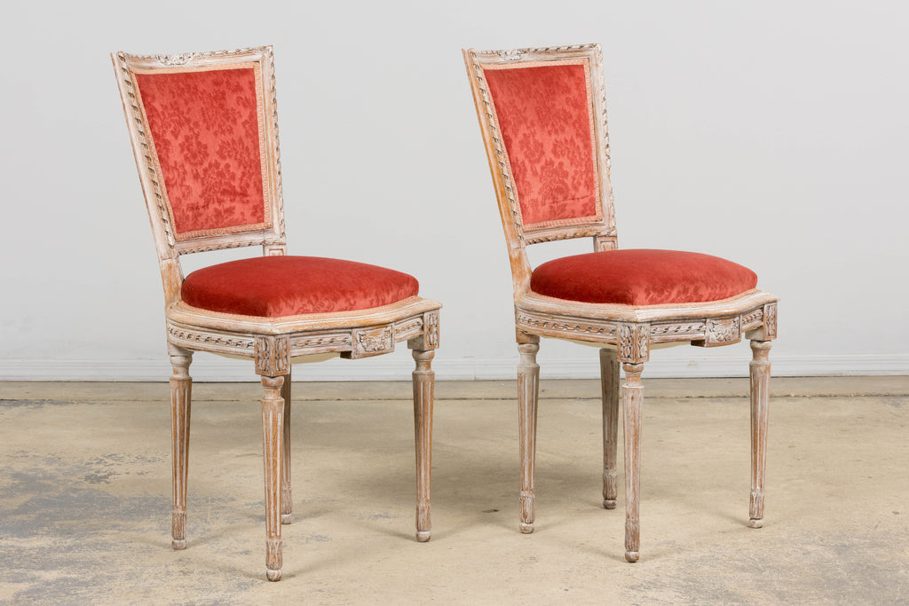 Antique French Louis XVI Style Painted Side Chairs W/ Red Velvet Damask – A Pair