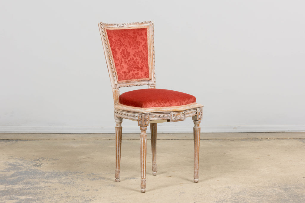 Antique French Louis XVI Style Painted Side Chairs W/ Red Velvet Damask – A Pair