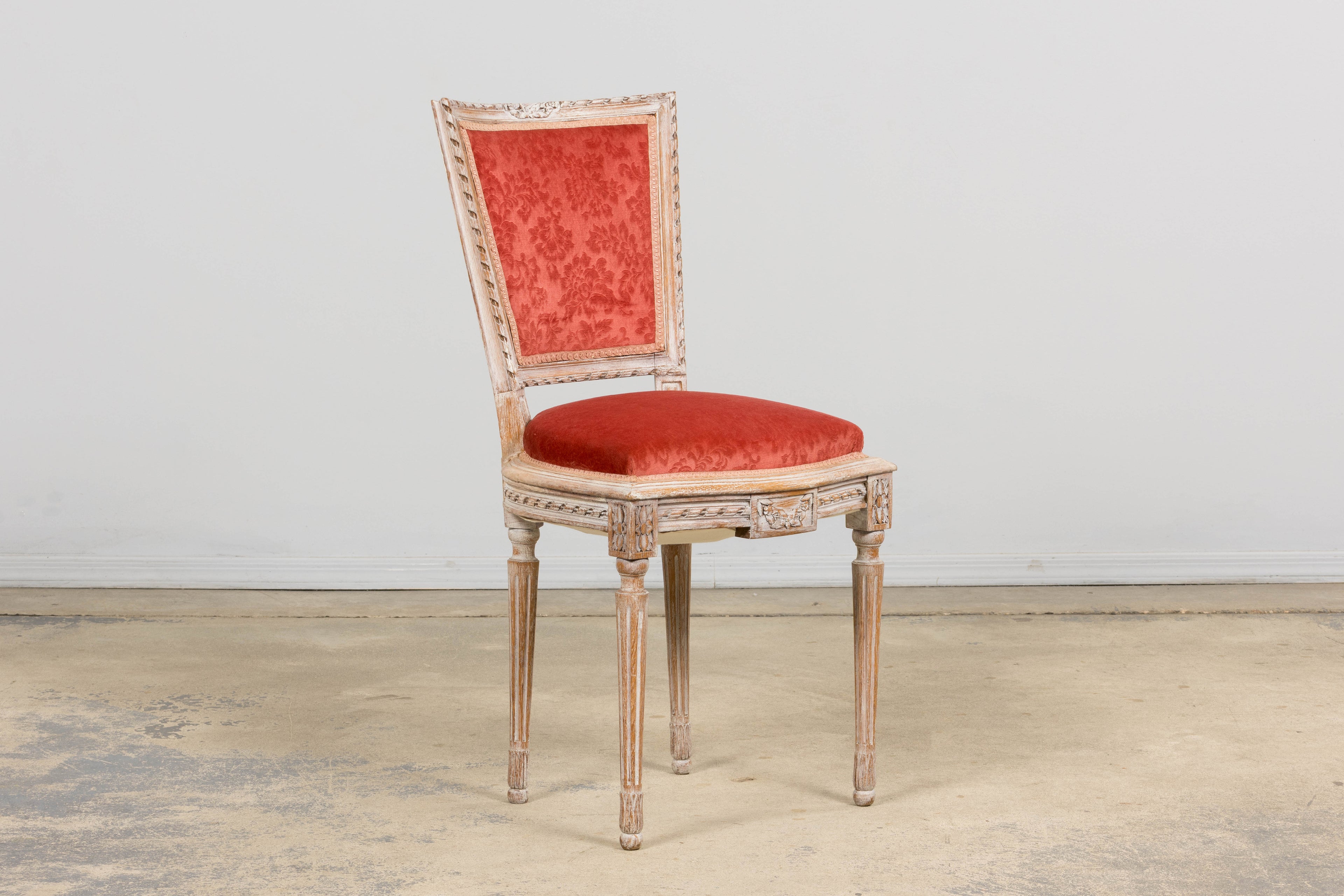 Antique French Louis XVI Style Painted Side Chairs W/ Red Velvet Damask – A Pair