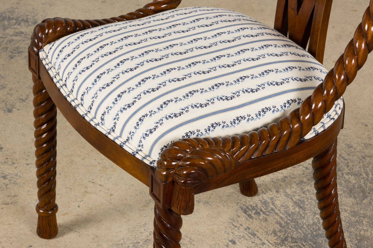 Napoleon III Style Faux Rope Mahogany Gondola Dining Chairs In Caspian Blue Stripe - Set of 12