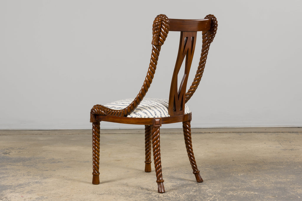 Napoleon III Style Faux Rope Mahogany Gondola Dining Chairs In Caspian Blue Stripe - Set of 12