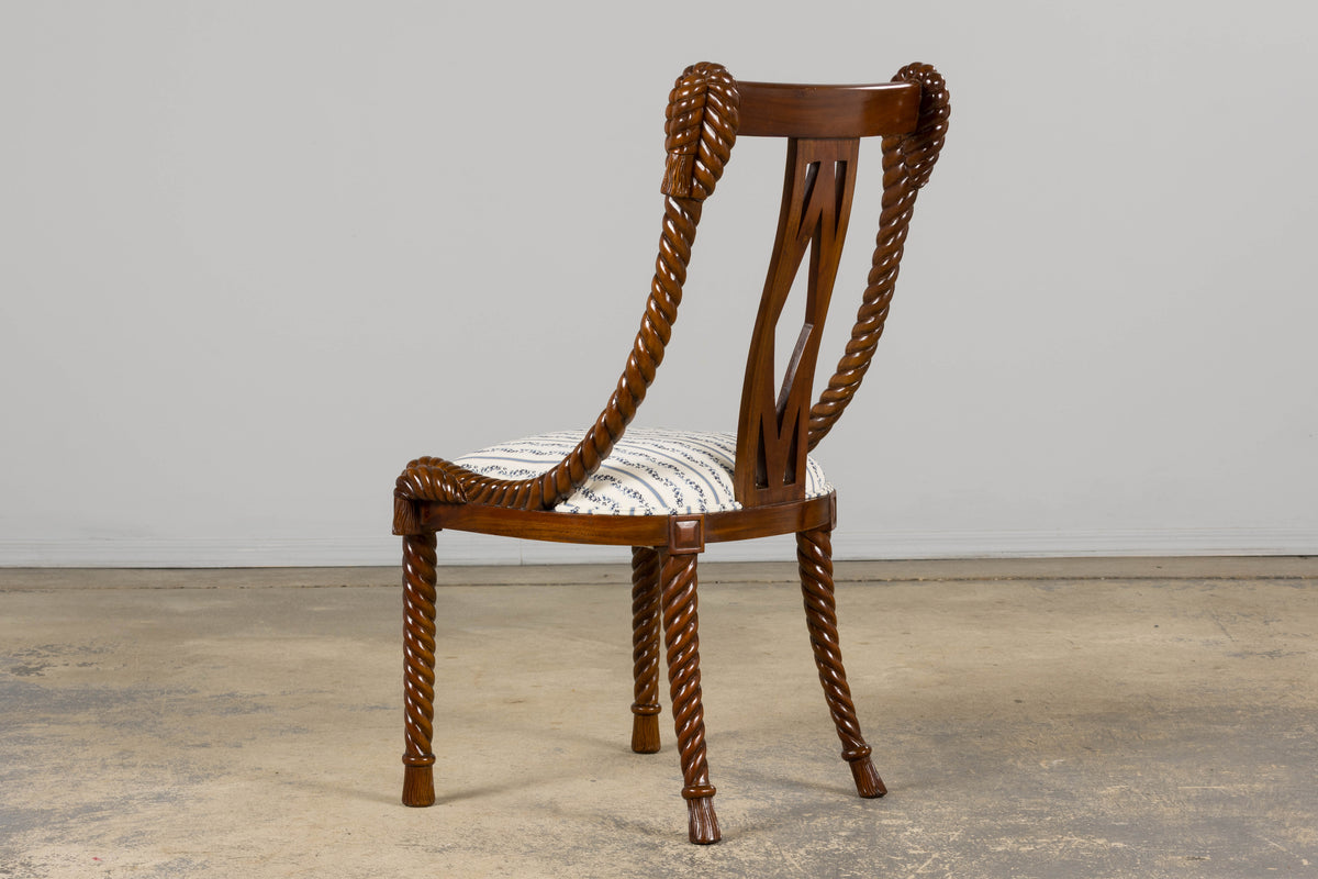 Napoleon III Style Faux Rope Mahogany Gondola Dining Chairs In Caspian Blue Stripe - Set of 12