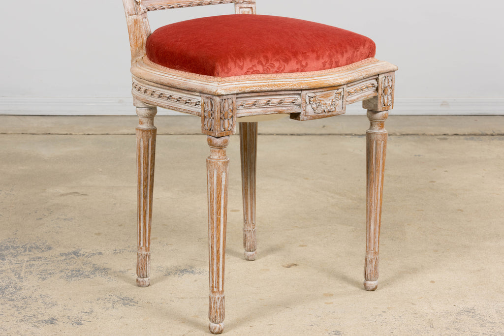 Antique French Louis XVI Style Painted Side Chairs W/ Red Velvet Damask – A Pair