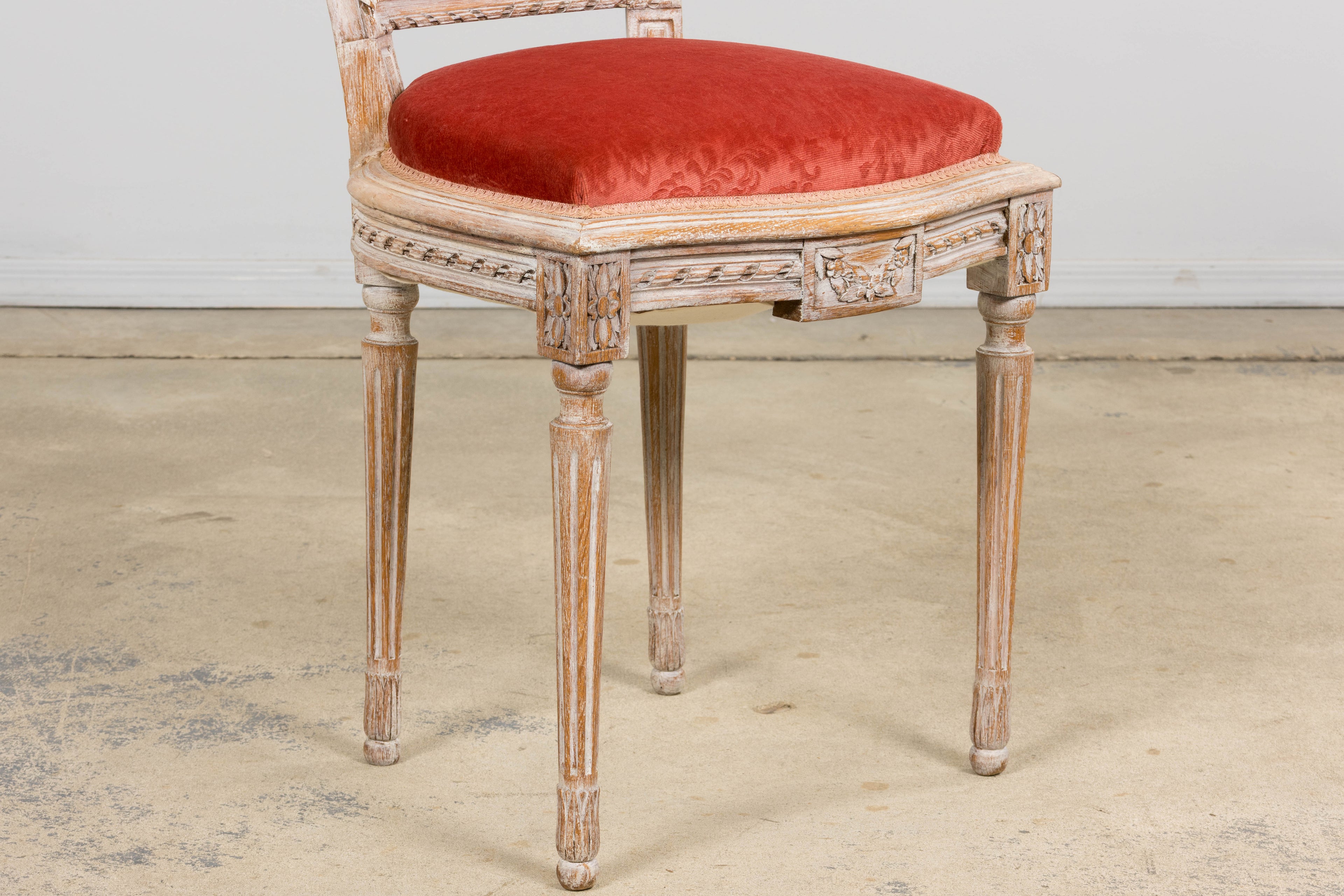 Antique French Louis XVI Style Painted Side Chairs W/ Red Velvet Damask – A Pair
