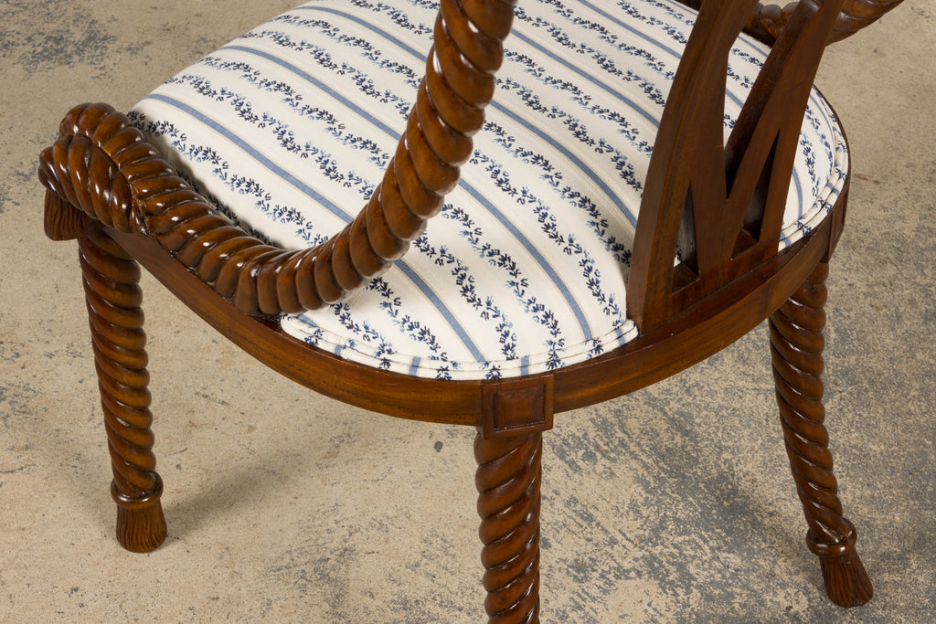 Napoleon III Style Faux Rope Mahogany Gondola Dining Chairs In Caspian Blue Stripe - Set of 12