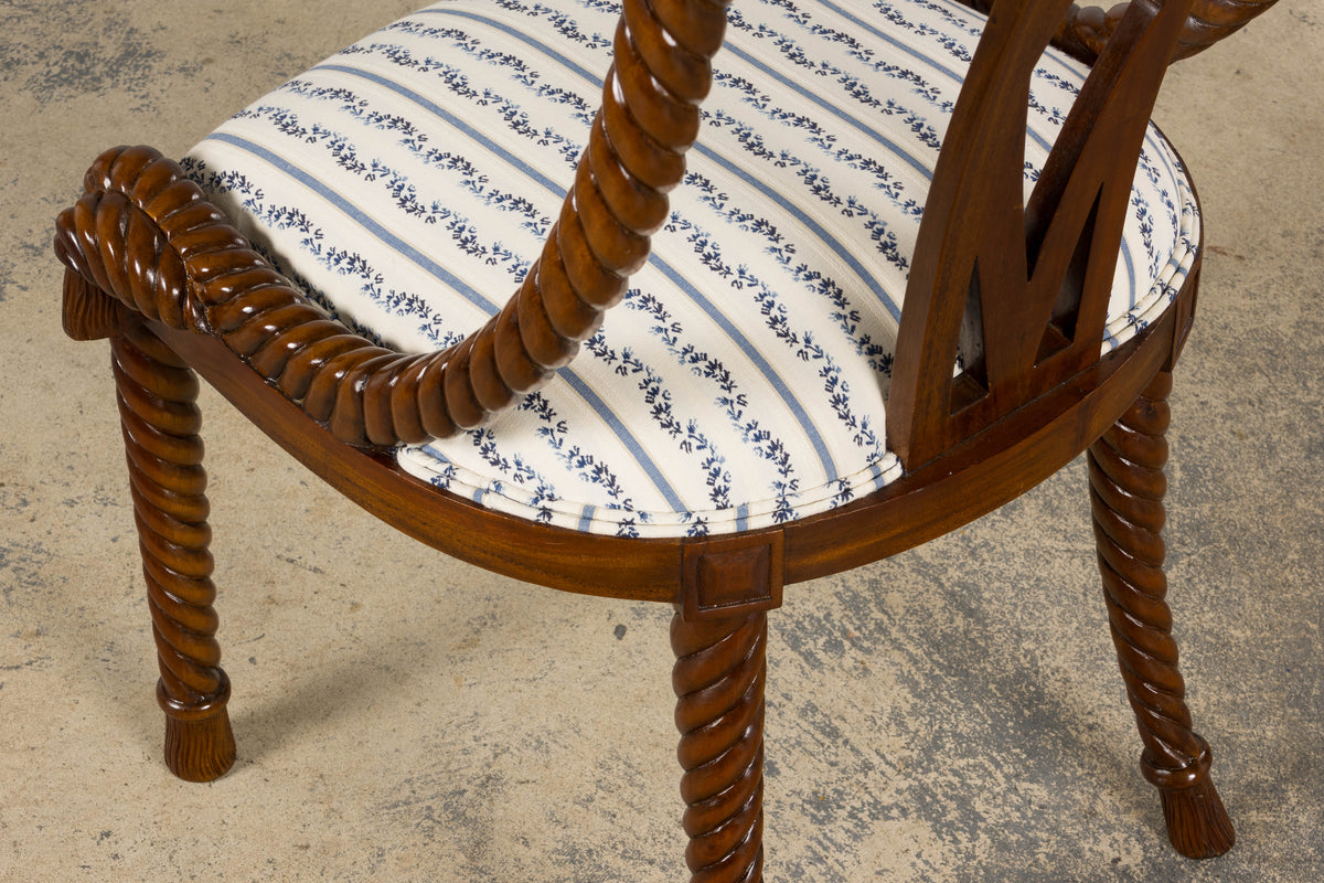 Napoleon III Style Faux Rope Mahogany Gondola Dining Chairs In Caspian Blue Stripe - Set of 12