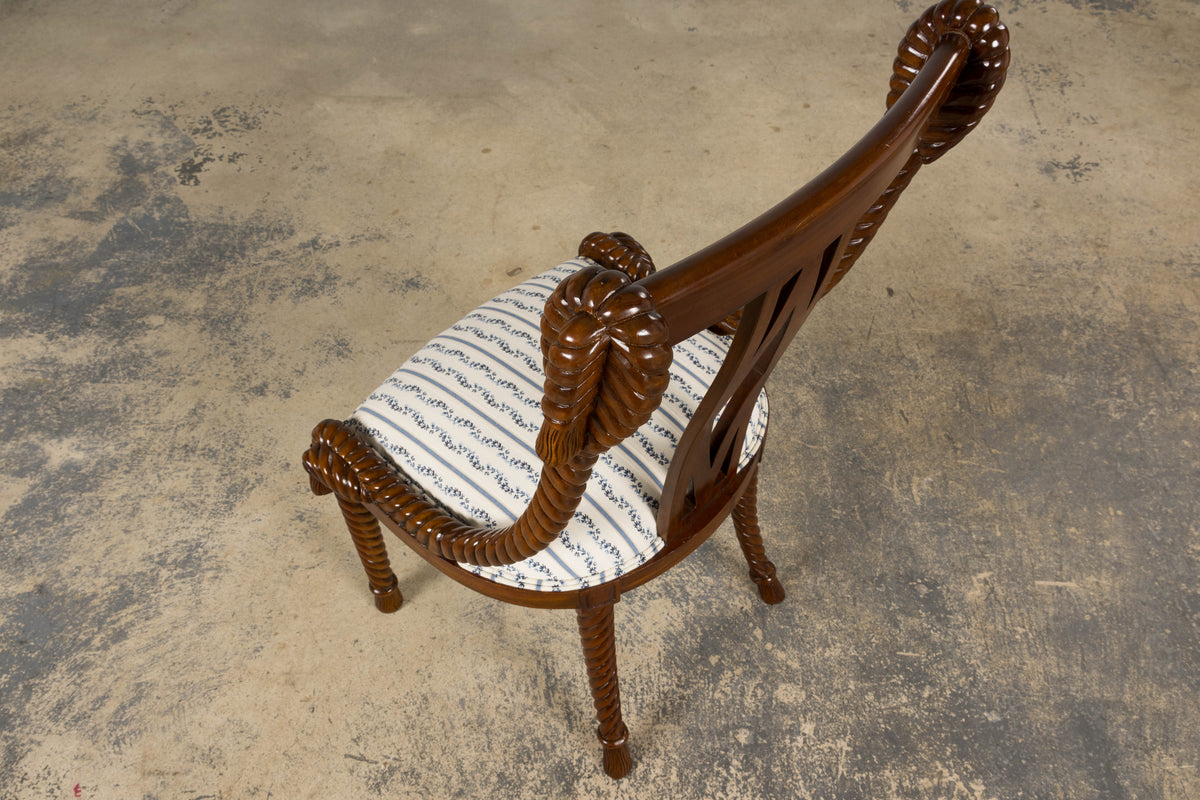 Napoleon III Style Faux Rope Mahogany Gondola Dining Chairs In Caspian Blue Stripe - Set of 12
