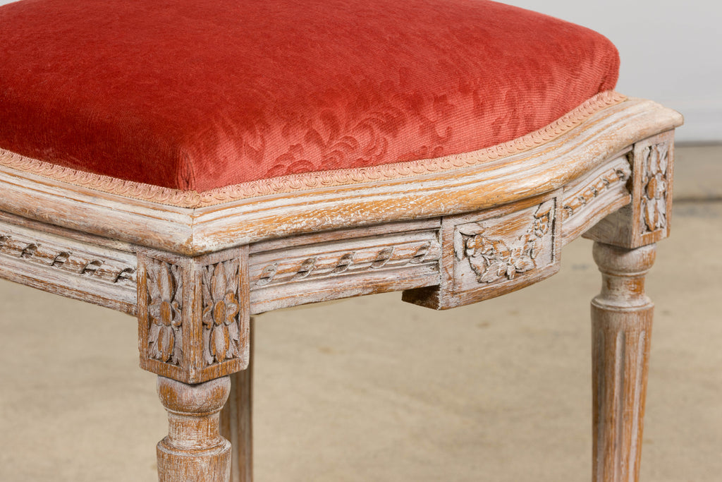 Antique French Louis XVI Style Painted Side Chairs W/ Red Velvet Damask – A Pair