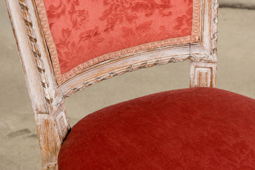 Antique French Louis XVI Style Painted Side Chairs W/ Red Velvet Damask – A Pair