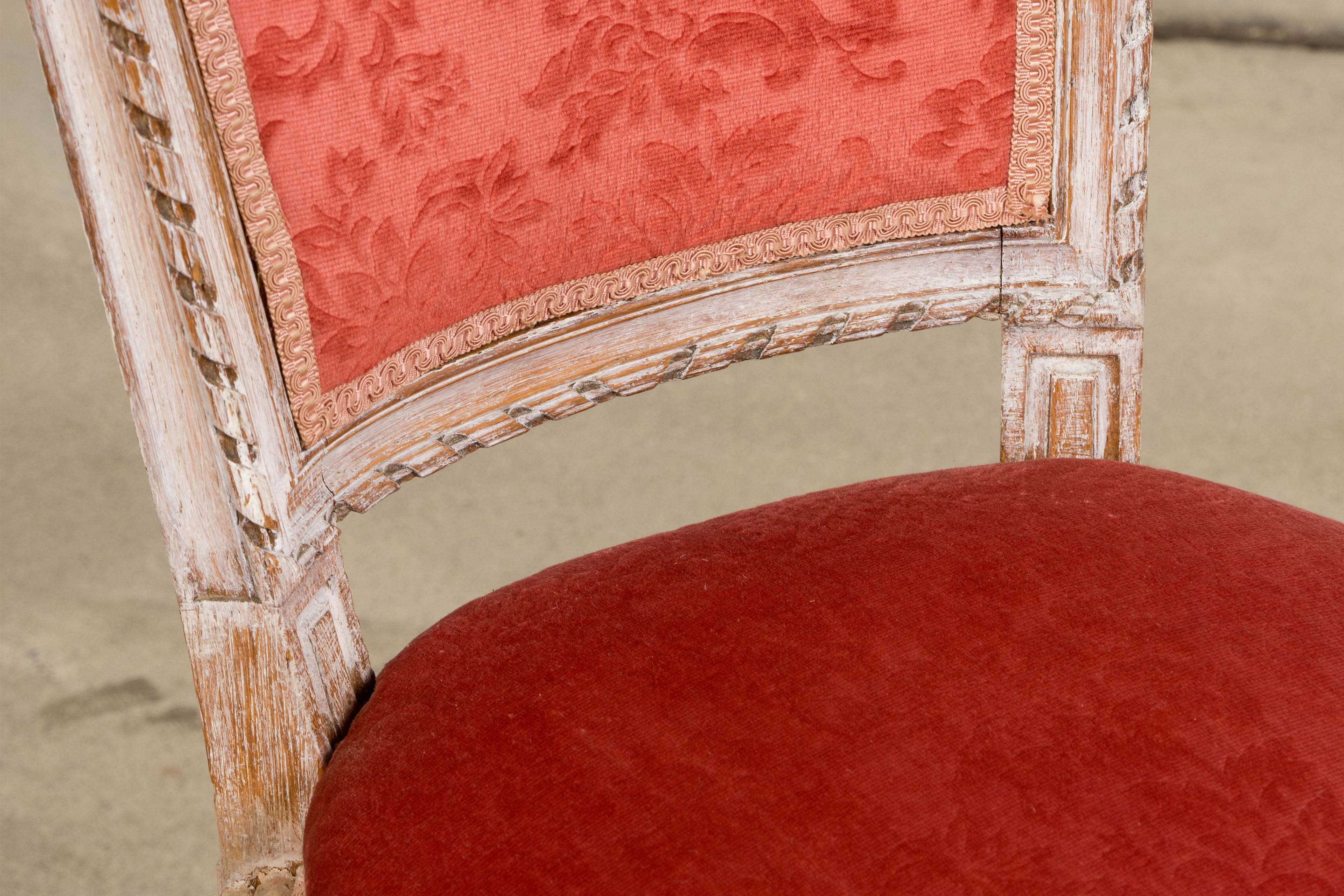 Antique French Louis XVI Style Painted Side Chairs W/ Red Velvet Damask – A Pair