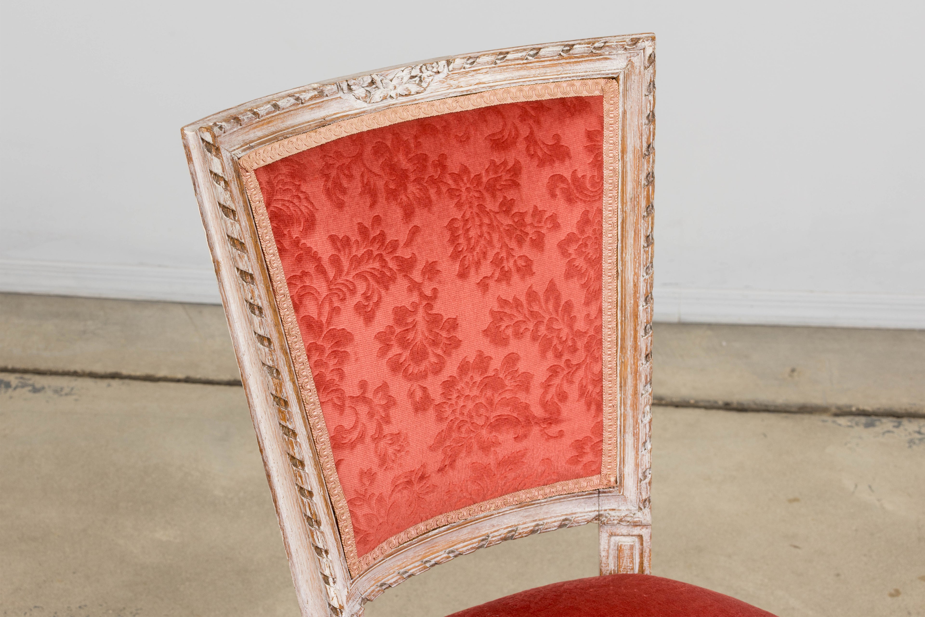 Antique French Louis XVI Style Painted Side Chairs W/ Red Velvet Damask – A Pair