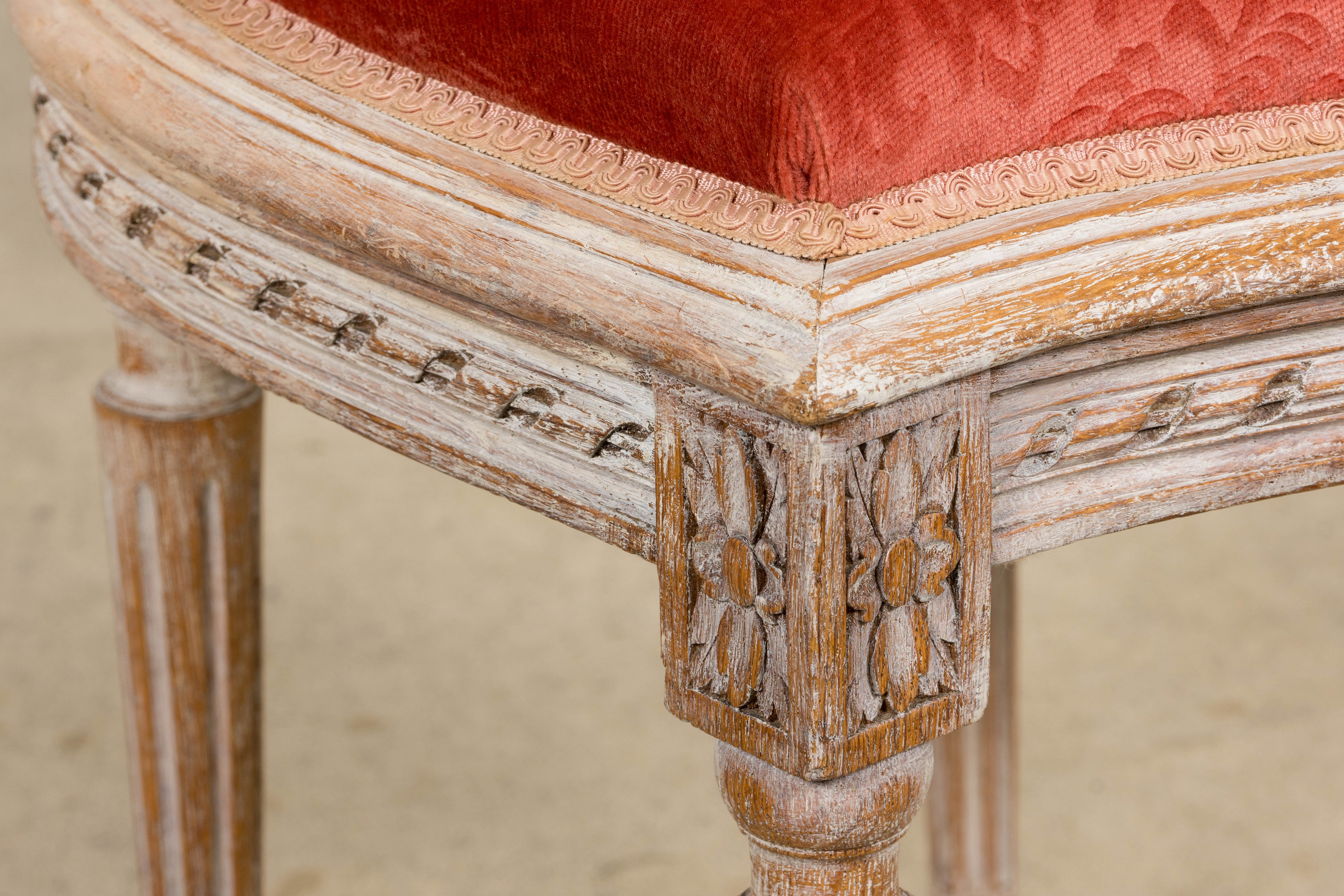 Antique French Louis XVI Style Painted Side Chairs W/ Red Velvet Damask – A Pair