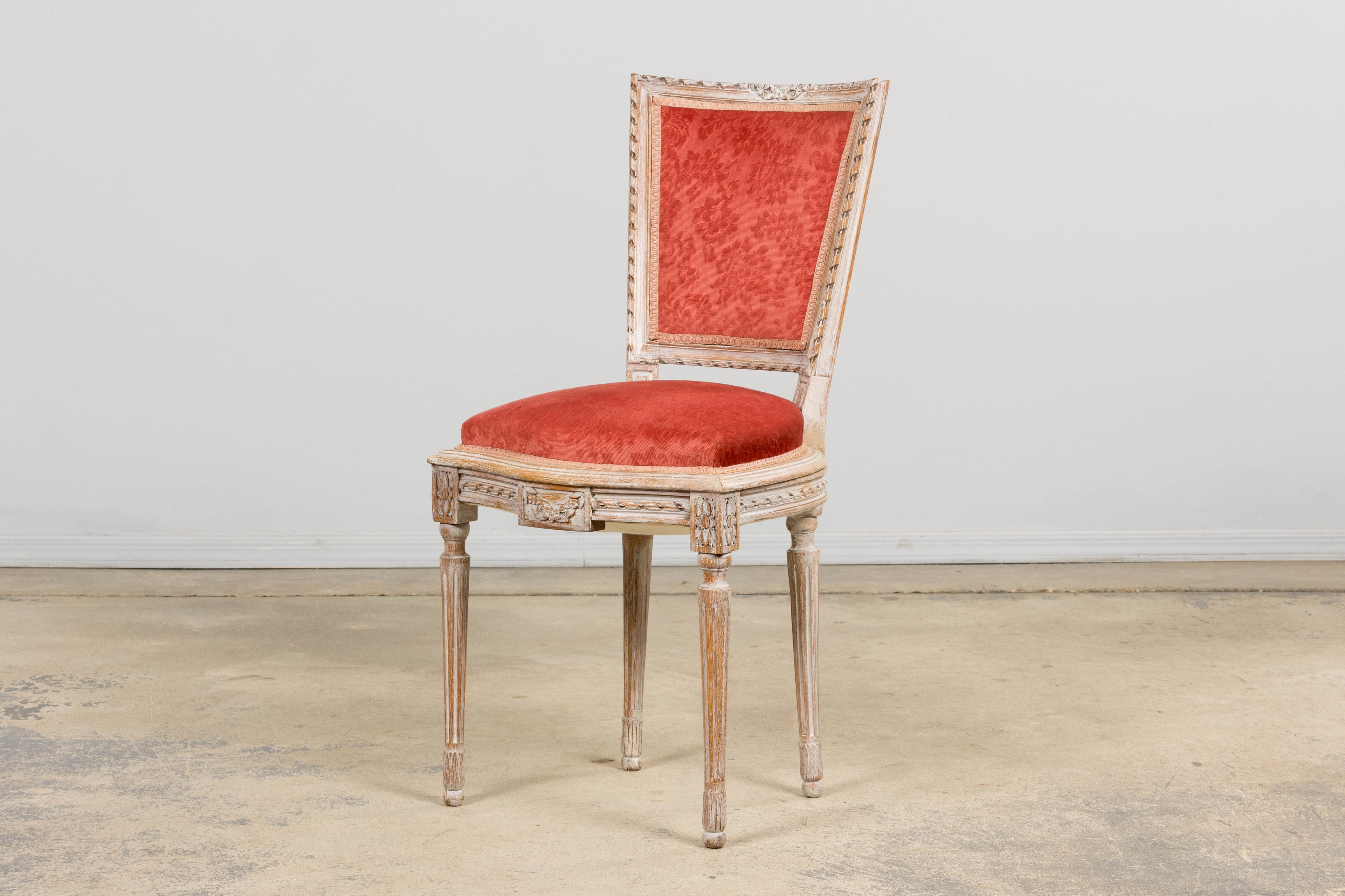 Antique French Louis XVI Style Painted Side Chairs W/ Red Velvet Damask – A Pair