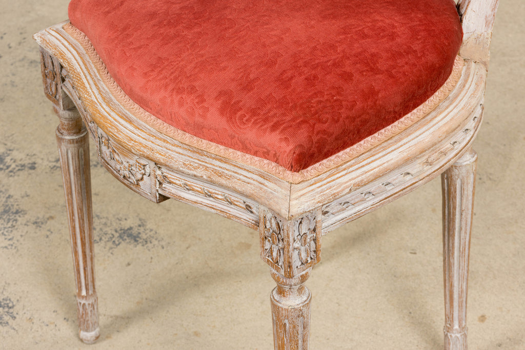 Antique French Louis XVI Style Painted Side Chairs W/ Red Velvet Damask – A Pair