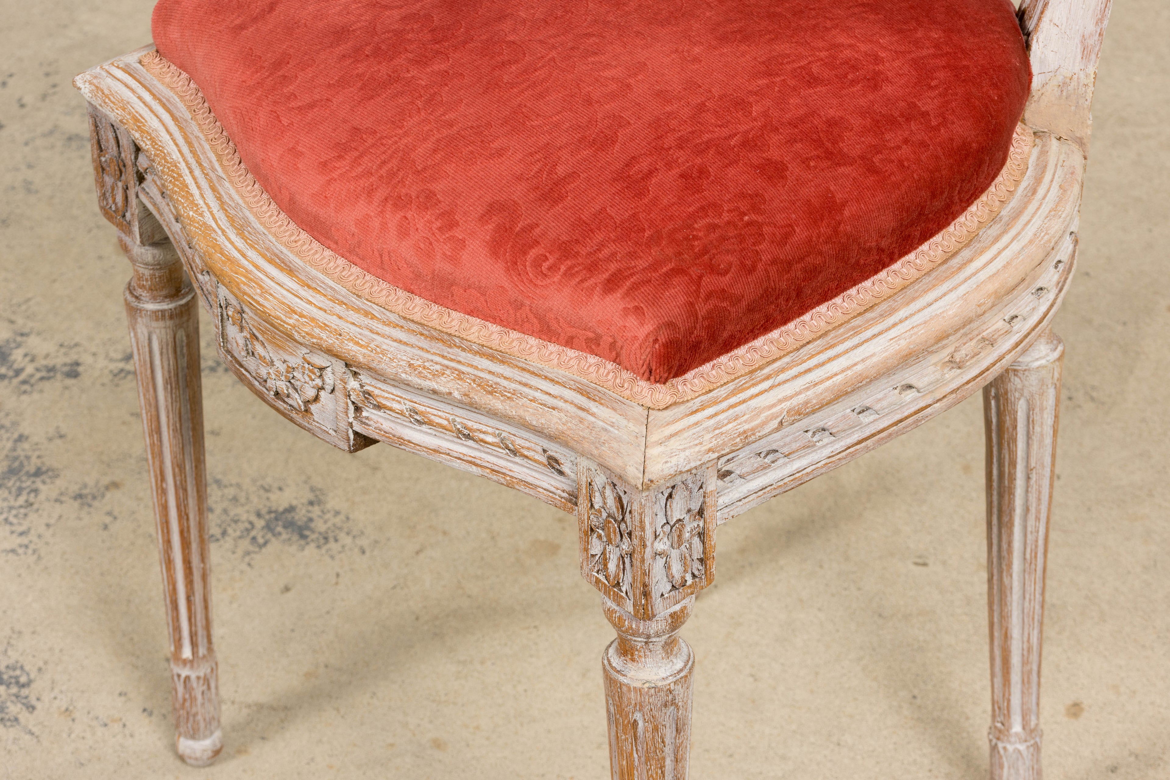 Antique French Louis XVI Style Painted Side Chairs W/ Red Velvet Damask – A Pair