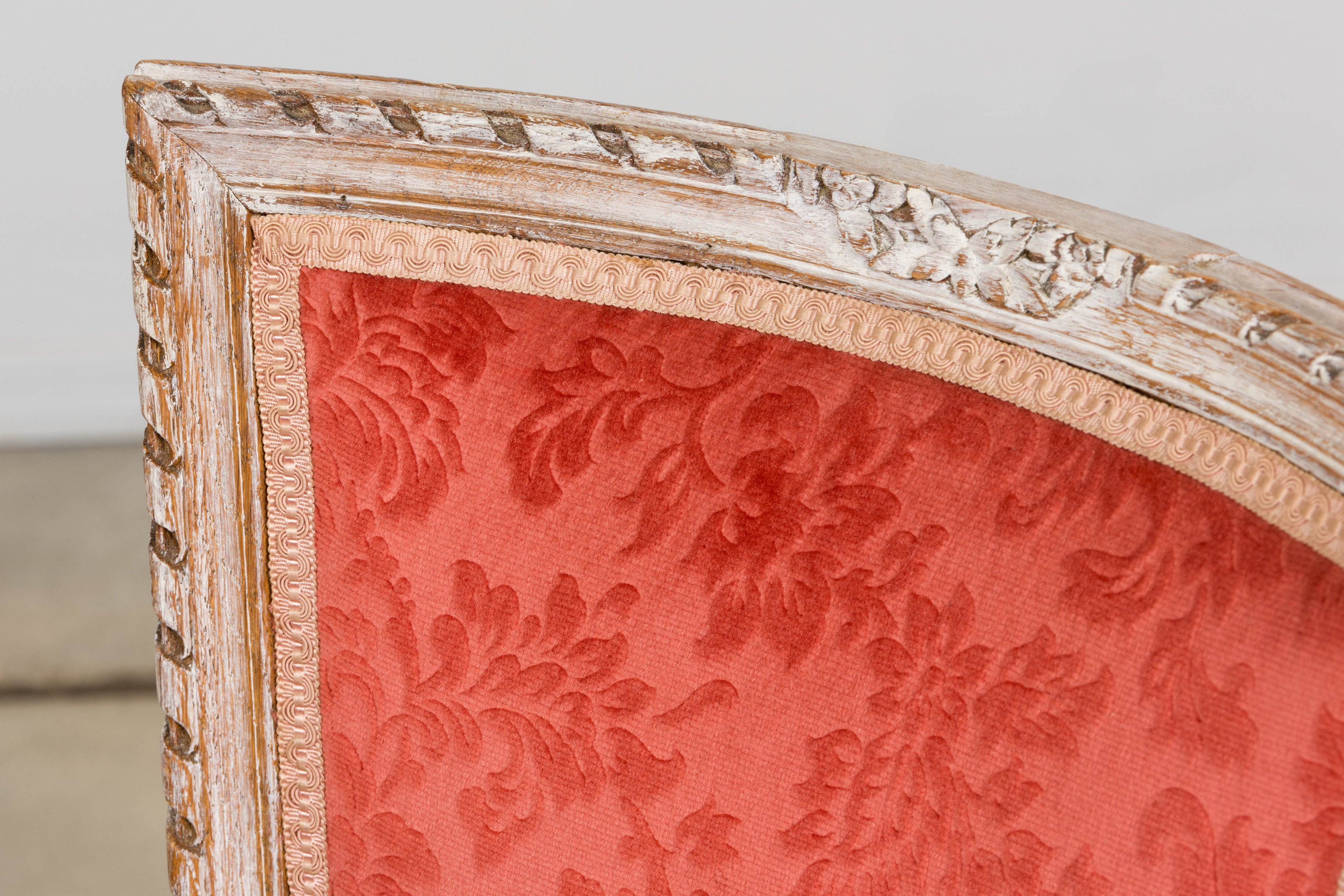 Antique French Louis XVI Style Painted Side Chairs W/ Red Velvet Damask – A Pair