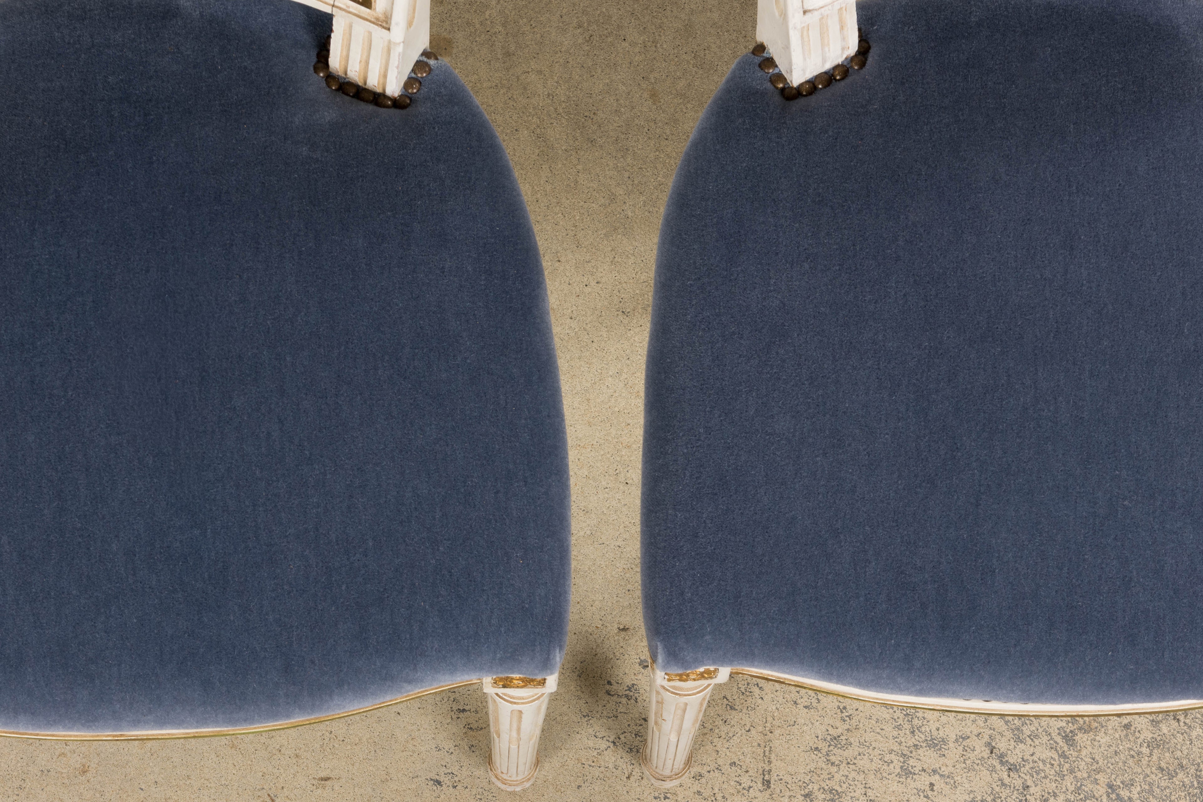 ON HOLD Antique French Louis XVI Style Painted Accent Chairs in Blue Mohair - A Pair