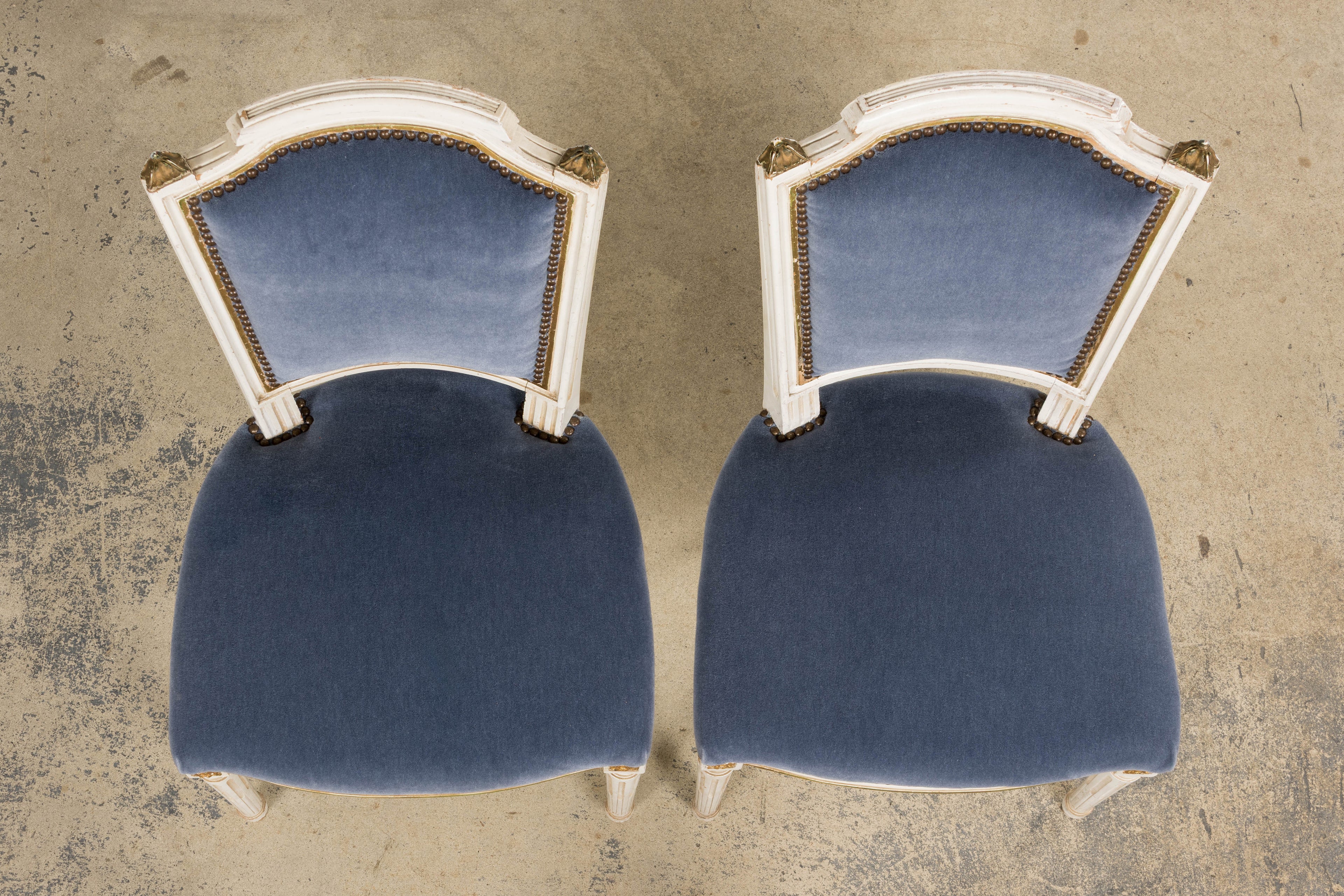 ON HOLD Antique French Louis XVI Style Painted Accent Chairs in Blue Mohair - A Pair