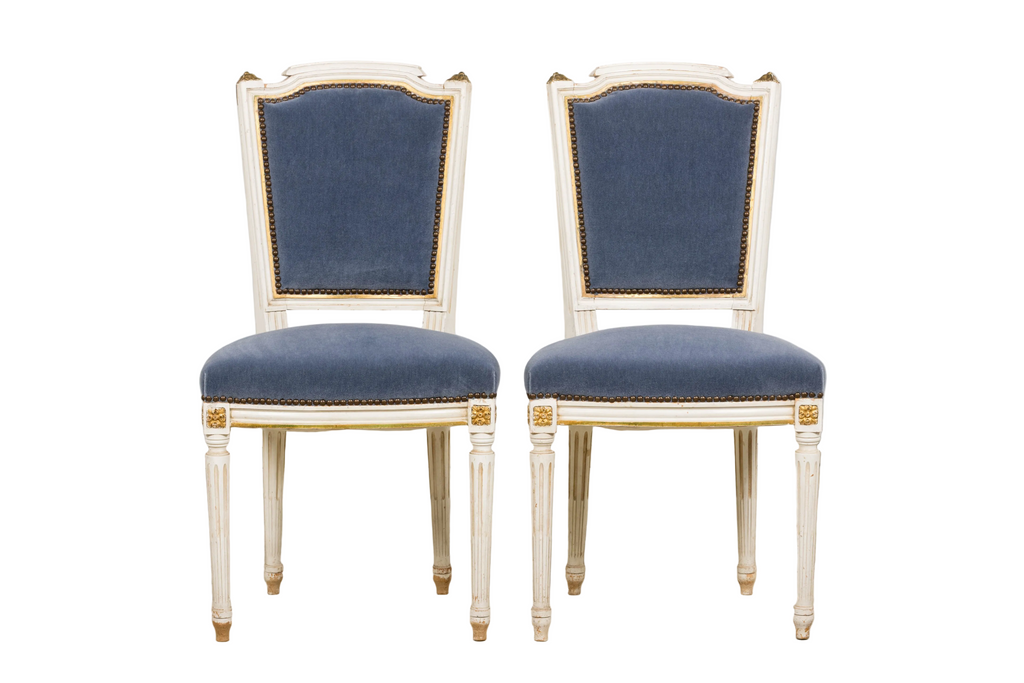 ON HOLD Antique French Louis XVI Style Painted Accent Chairs in Blue Mohair - A Pair