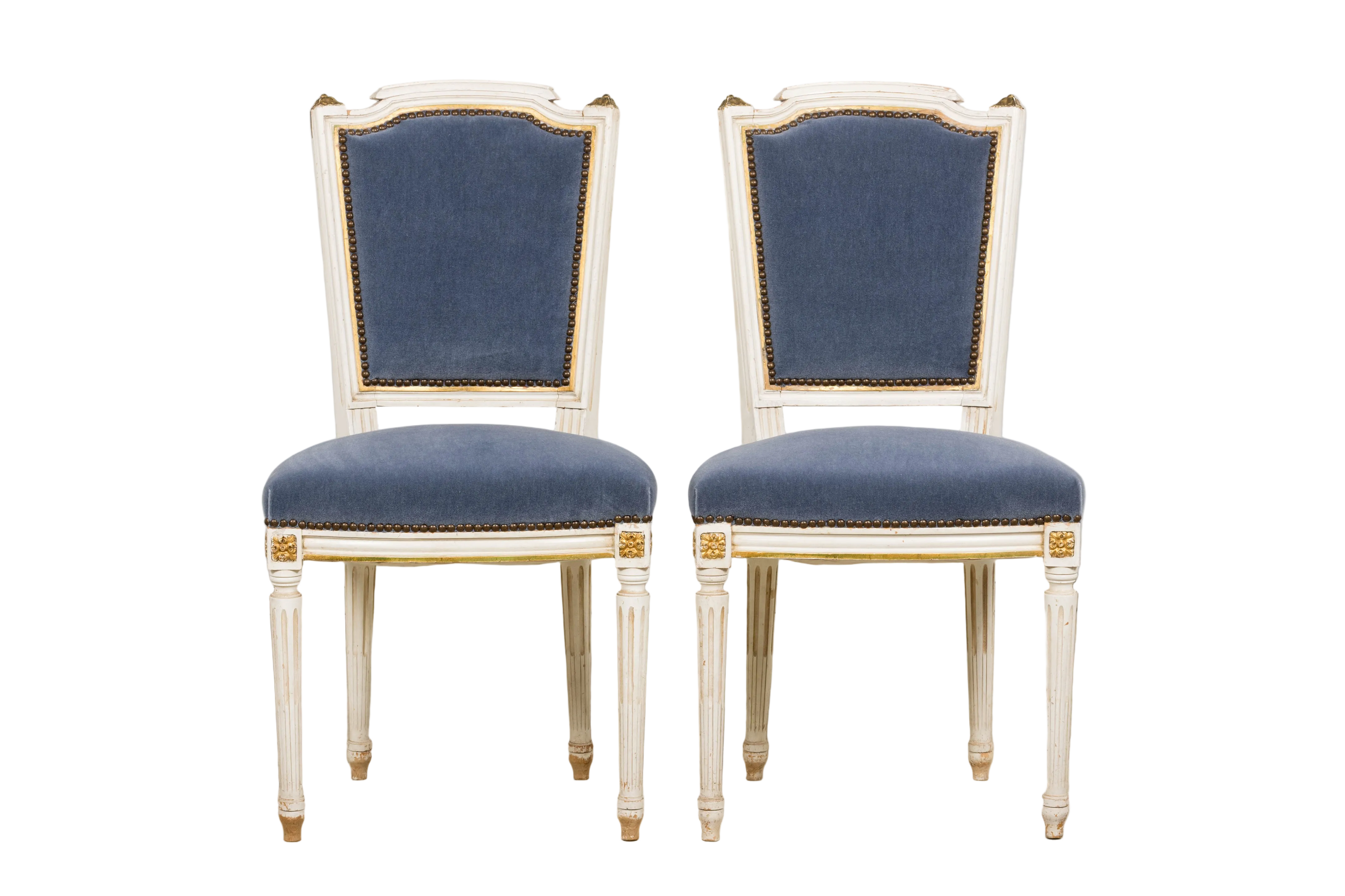 ON HOLD Antique French Louis XVI Style Painted Accent Chairs in Blue Mohair - A Pair