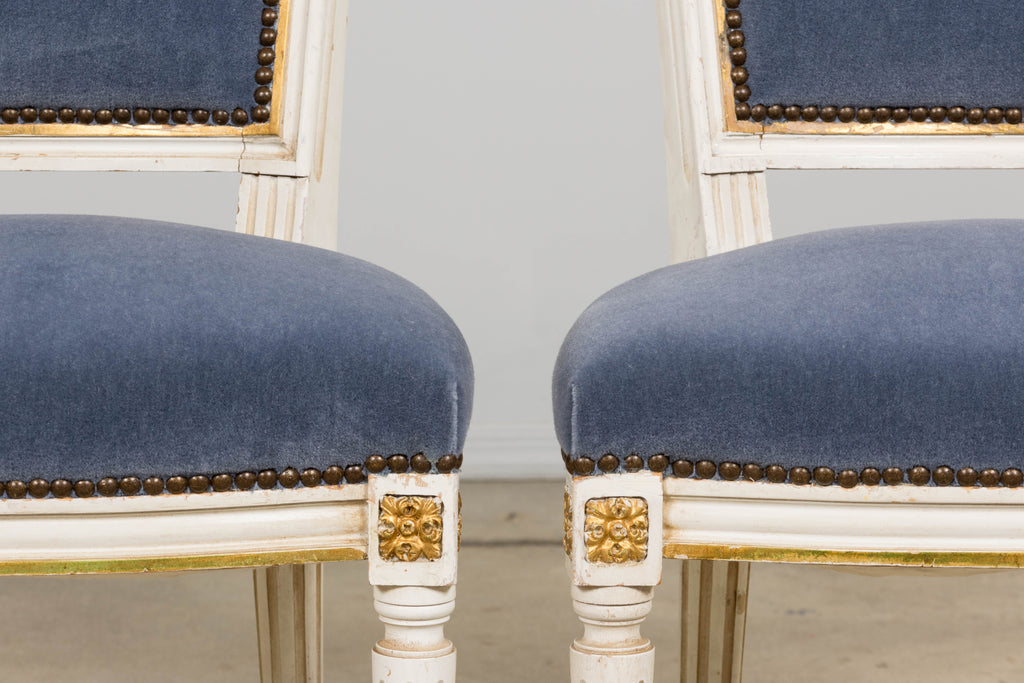 ON HOLD Antique French Louis XVI Style Painted Accent Chairs in Blue Mohair - A Pair
