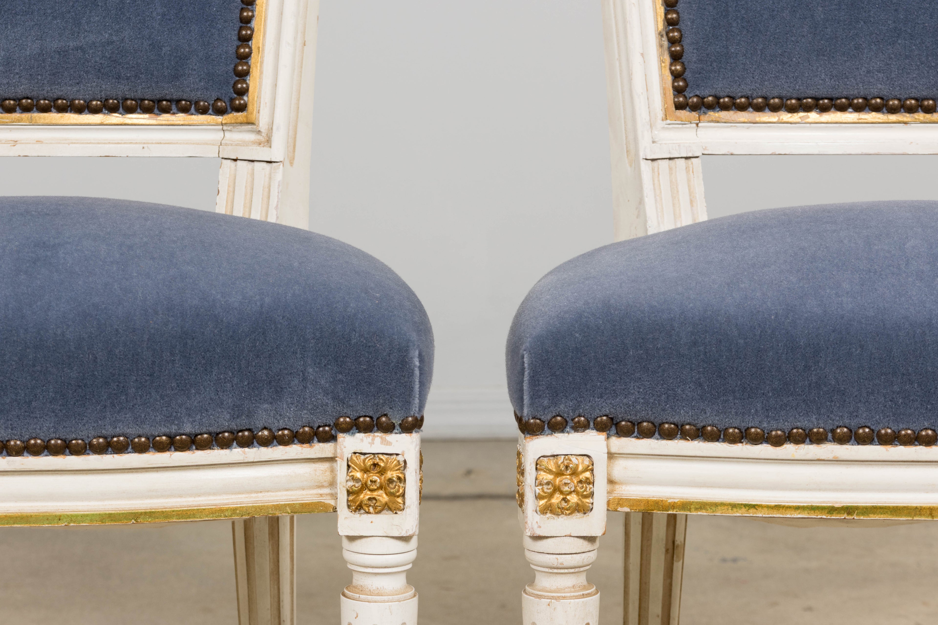 ON HOLD Antique French Louis XVI Style Painted Accent Chairs in Blue Mohair - A Pair