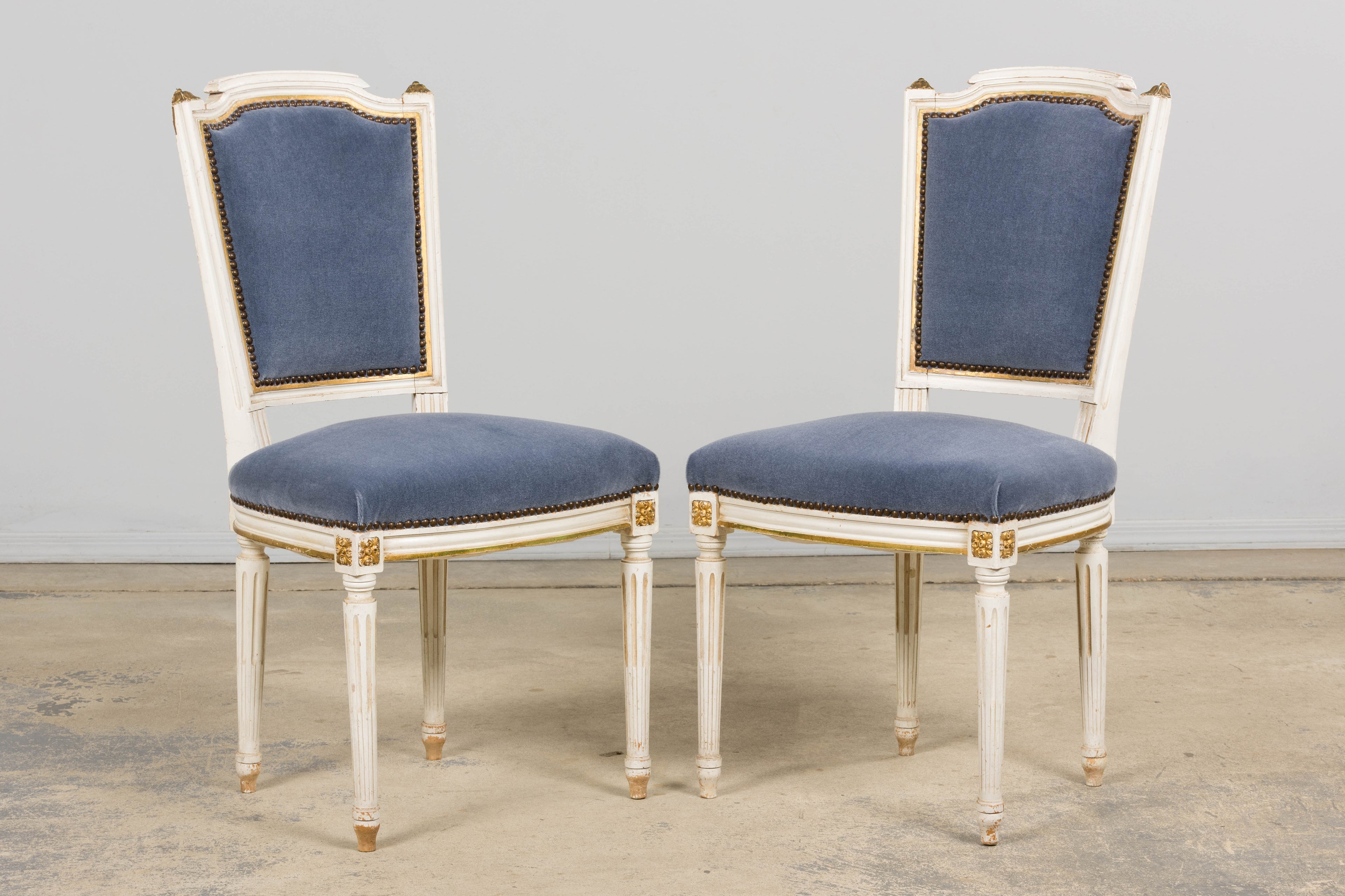 ON HOLD Antique French Louis XVI Style Painted Accent Chairs in Blue Mohair - A Pair