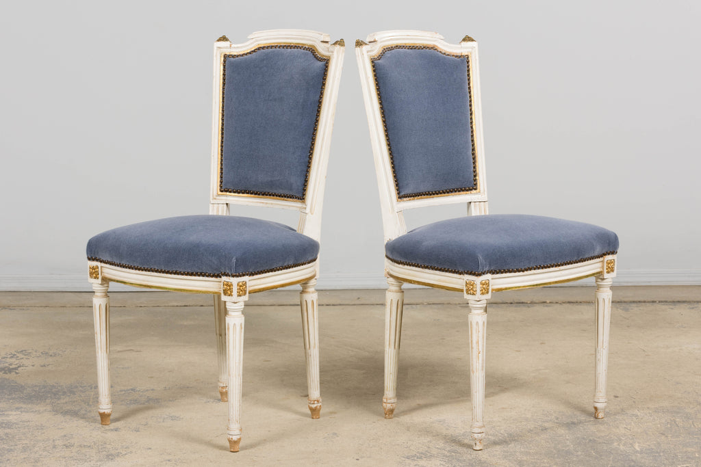 ON HOLD Antique French Louis XVI Style Painted Accent Chairs in Blue Mohair - A Pair