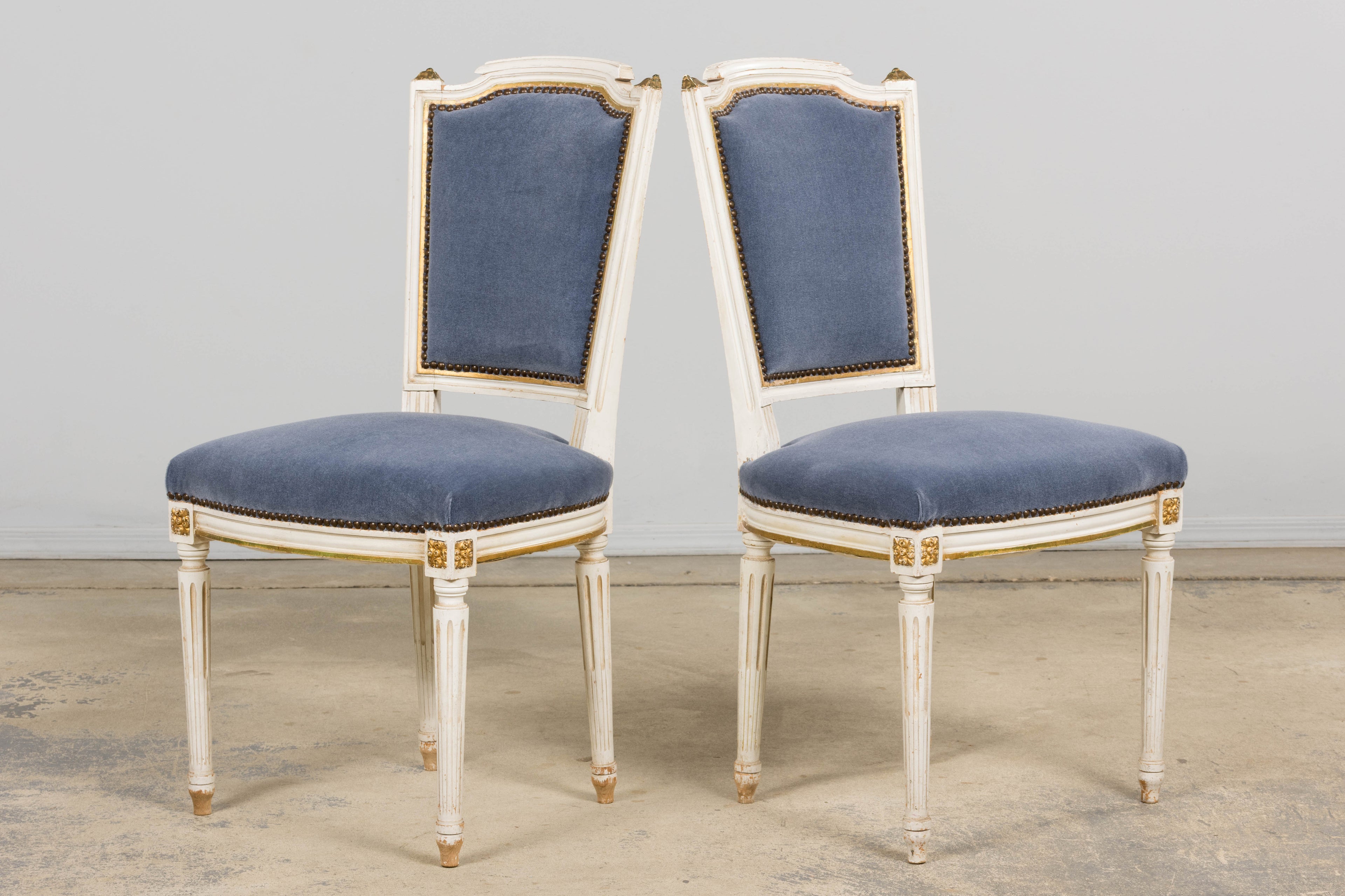 ON HOLD Antique French Louis XVI Style Painted Accent Chairs in Blue Mohair - A Pair