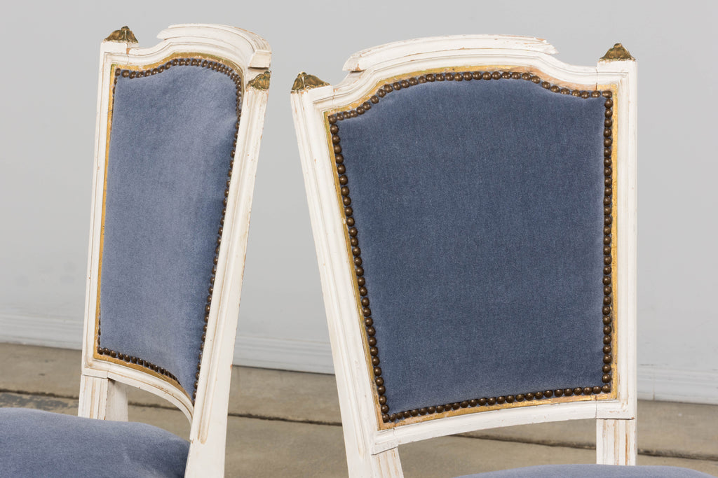 ON HOLD Antique French Louis XVI Style Painted Accent Chairs in Blue Mohair - A Pair