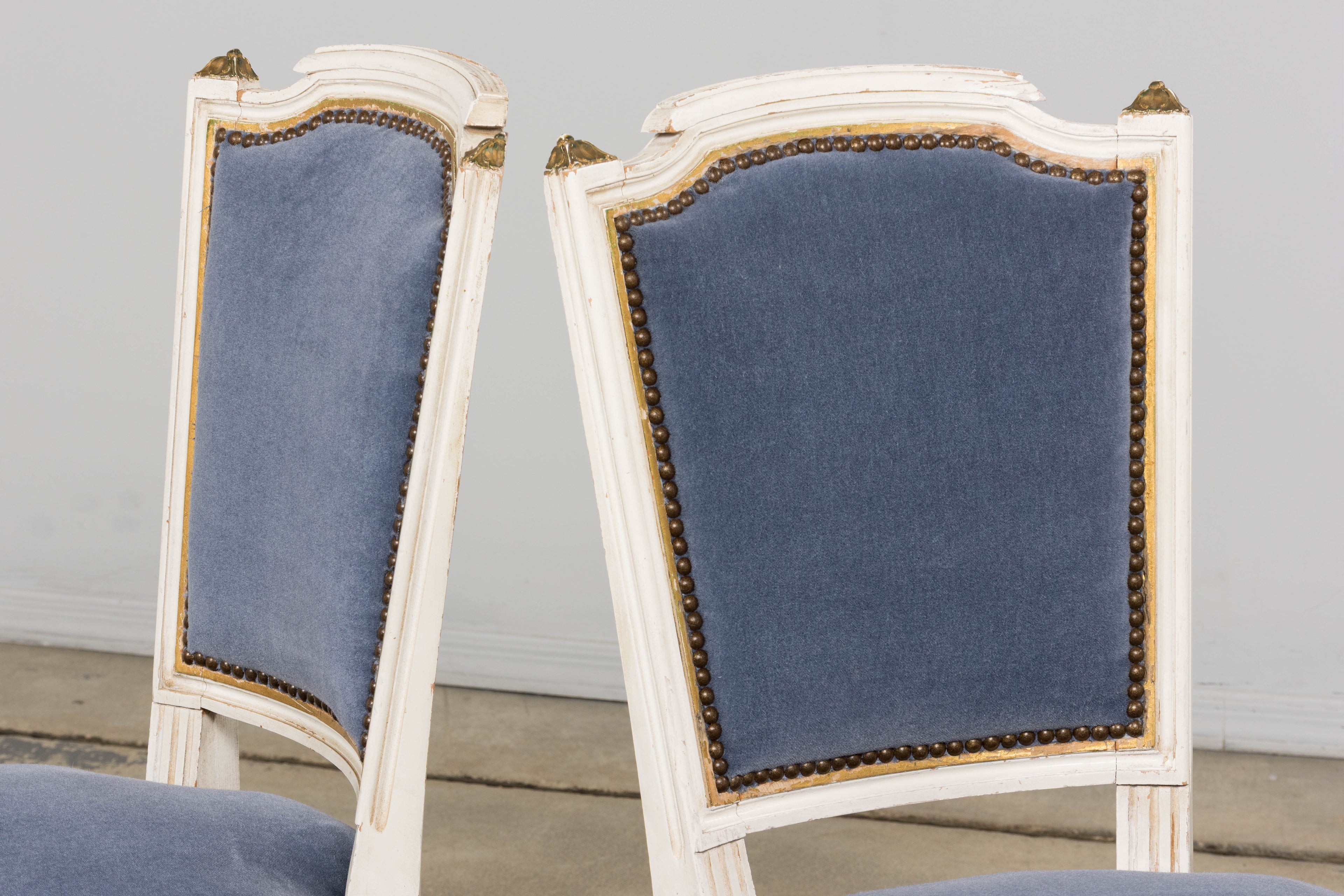 ON HOLD Antique French Louis XVI Style Painted Accent Chairs in Blue Mohair - A Pair