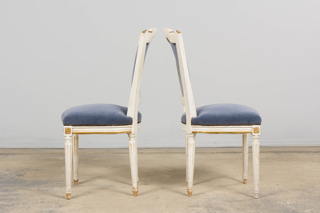 ON HOLD Antique French Louis XVI Style Painted Accent Chairs in Blue Mohair - A Pair