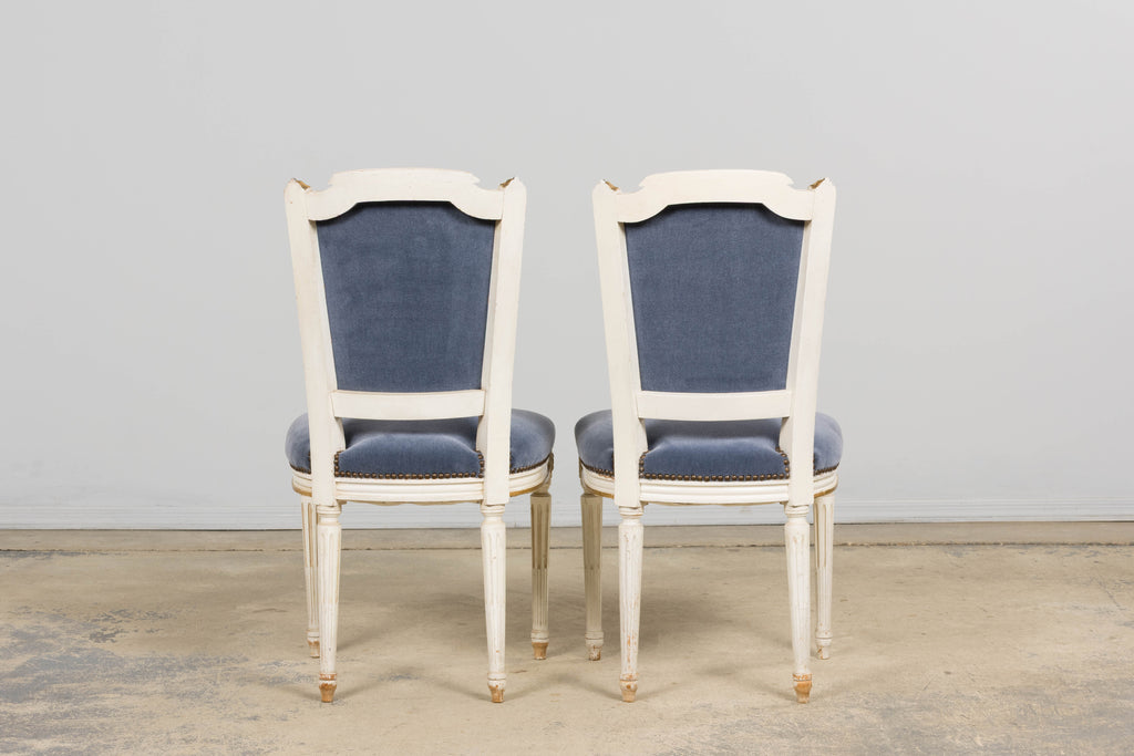 ON HOLD Antique French Louis XVI Style Painted Accent Chairs in Blue Mohair - A Pair