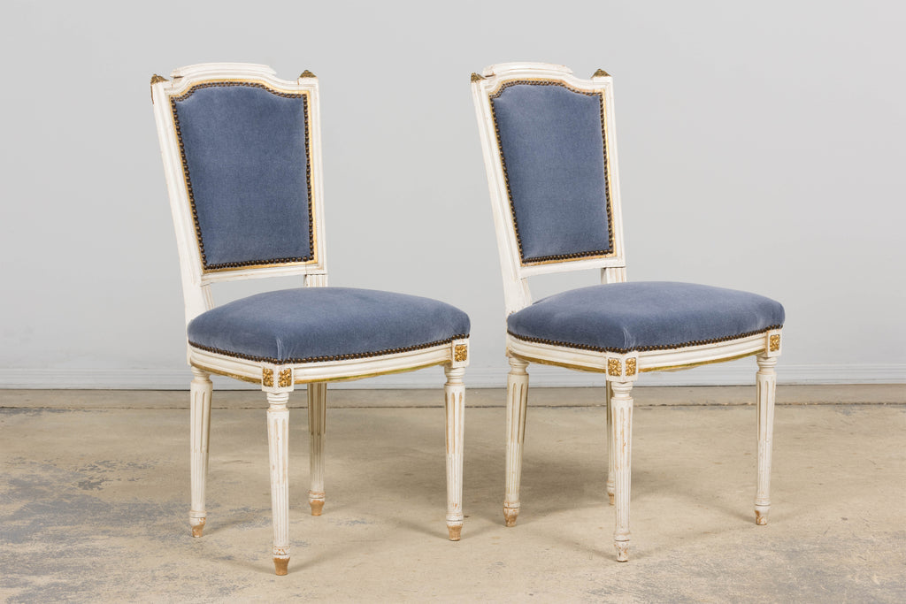 ON HOLD Antique French Louis XVI Style Painted Accent Chairs in Blue Mohair - A Pair