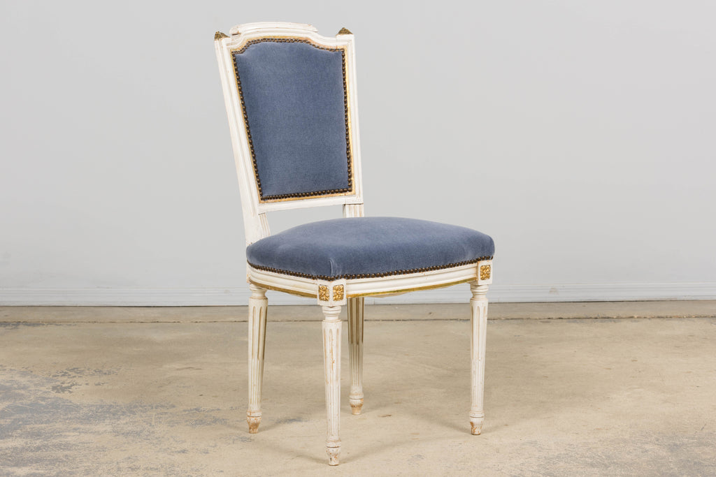 ON HOLD Antique French Louis XVI Style Painted Accent Chairs in Blue Mohair - A Pair