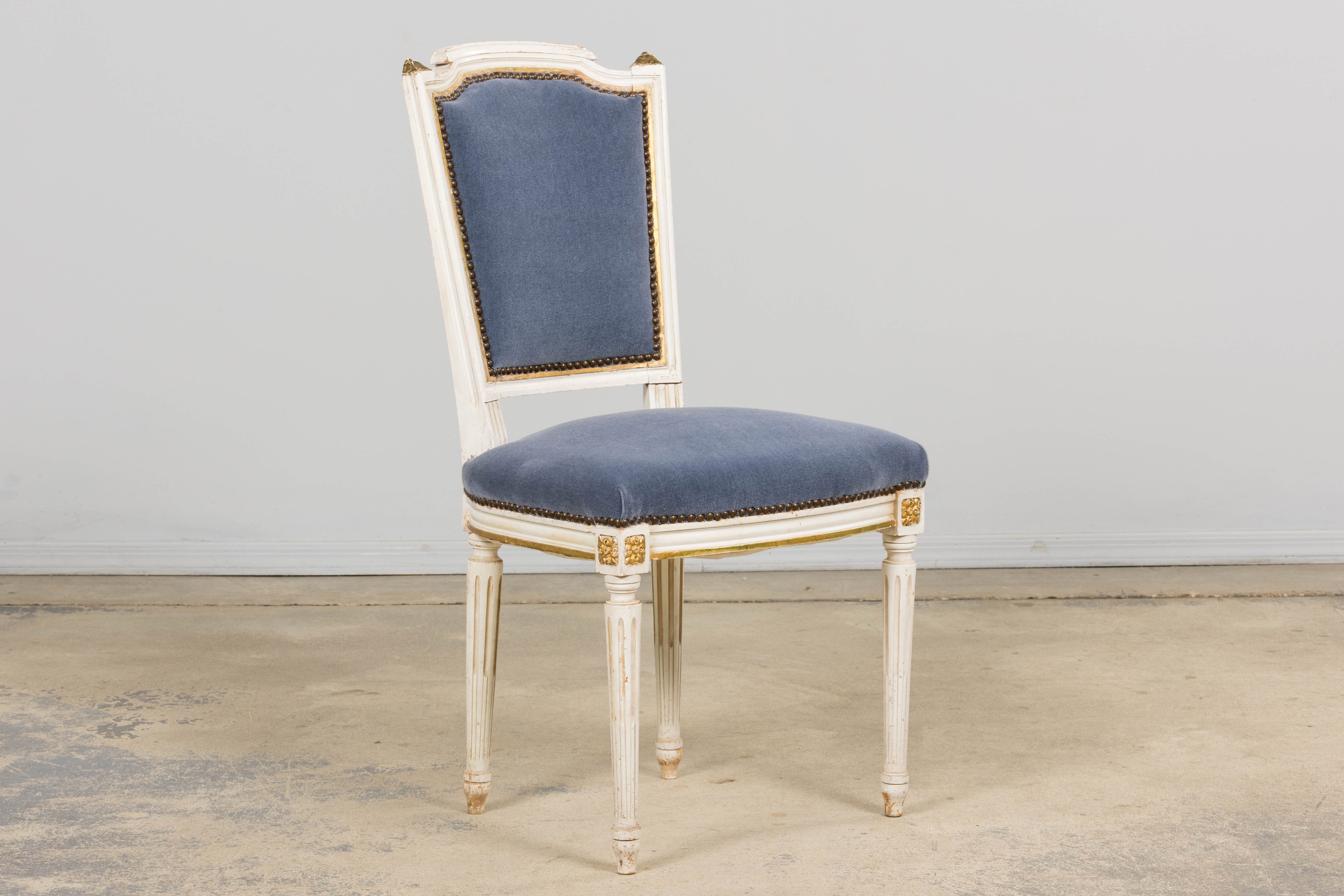 ON HOLD Antique French Louis XVI Style Painted Accent Chairs in Blue Mohair - A Pair