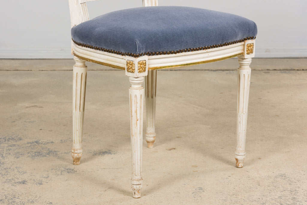 ON HOLD Antique French Louis XVI Style Painted Accent Chairs in Blue Mohair - A Pair