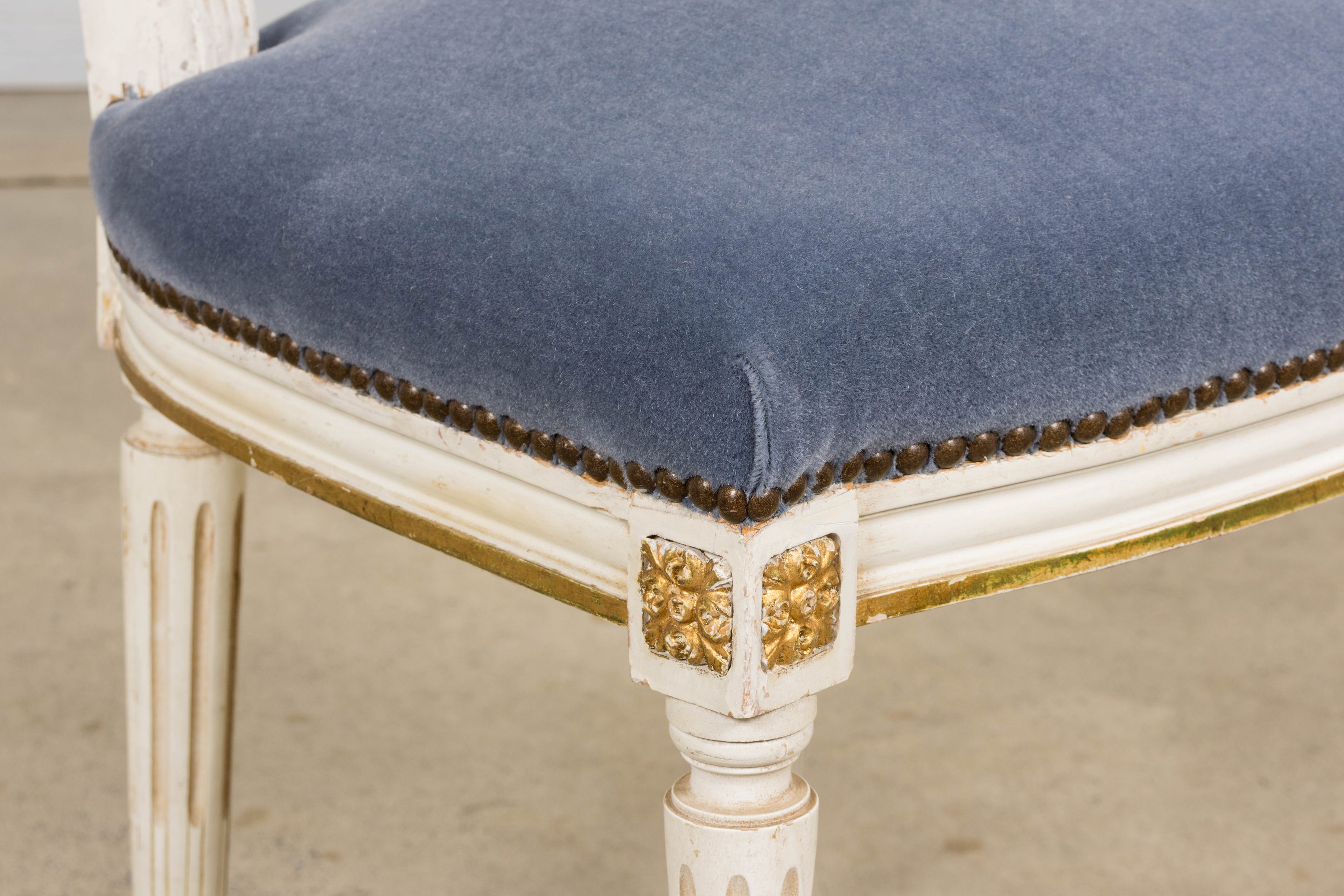 ON HOLD Antique French Louis XVI Style Painted Accent Chairs in Blue Mohair - A Pair
