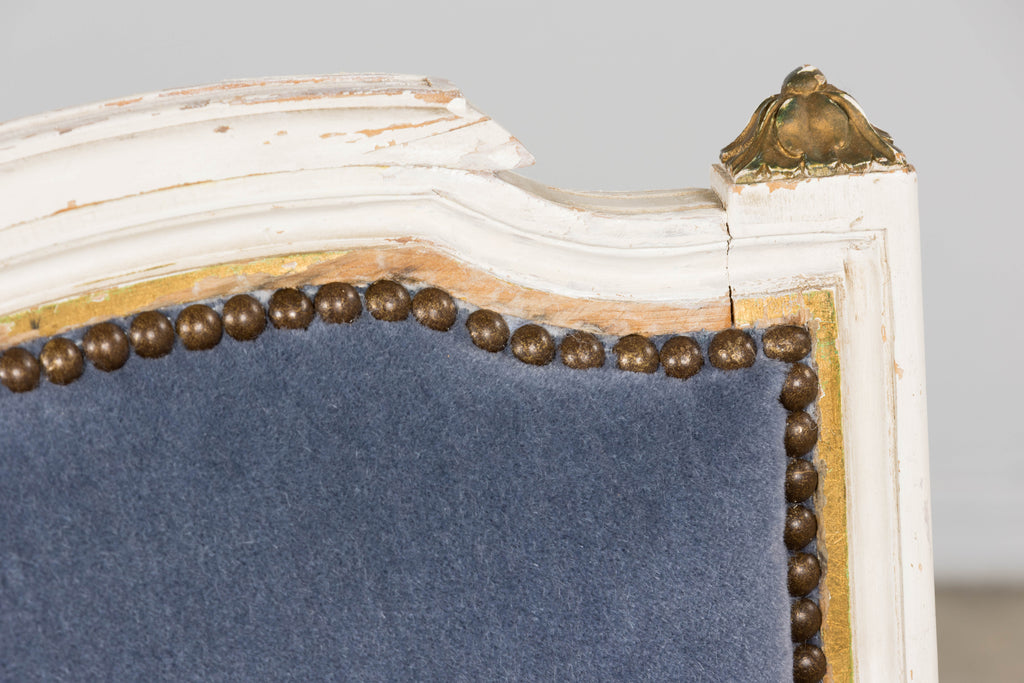 ON HOLD Antique French Louis XVI Style Painted Accent Chairs in Blue Mohair - A Pair